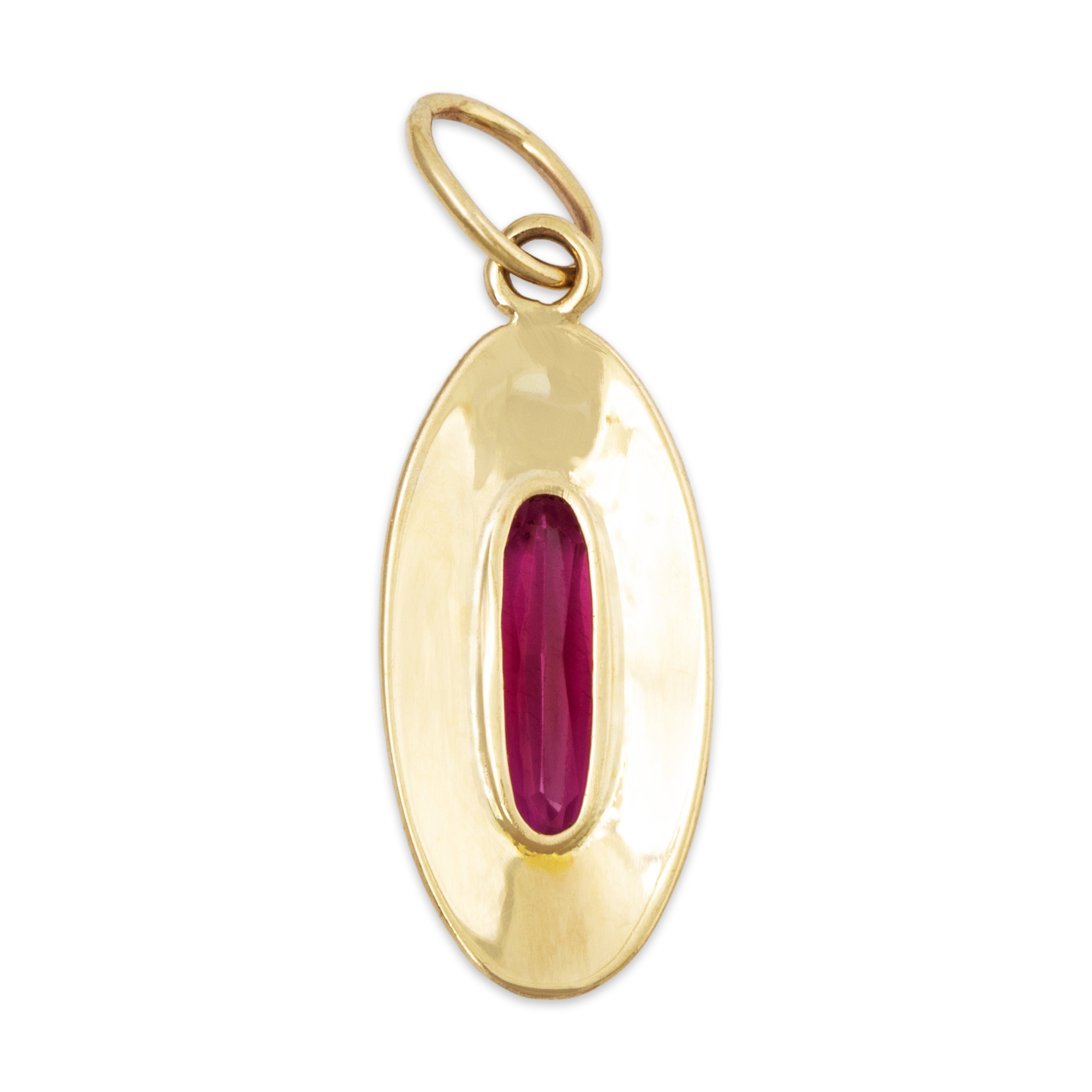 Antique 10k Yellow Gold Synthetic Ruby Lovely Engraved Oval Charm / Pendant、mySite、hinf8tx79