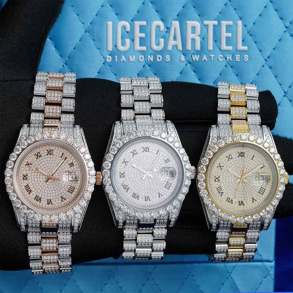 Moissanite Presidential Watch | 41MM | Roman Numeral Dial | 18.3CT Iced Out | 14K White Gold、mySite、hinf8tx79
