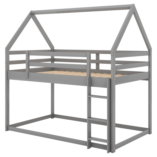 Twin over Twin Low Bunk Bed, House Bed with Ladder , Gray(OLD SKU:WF197808AAE)、、casual