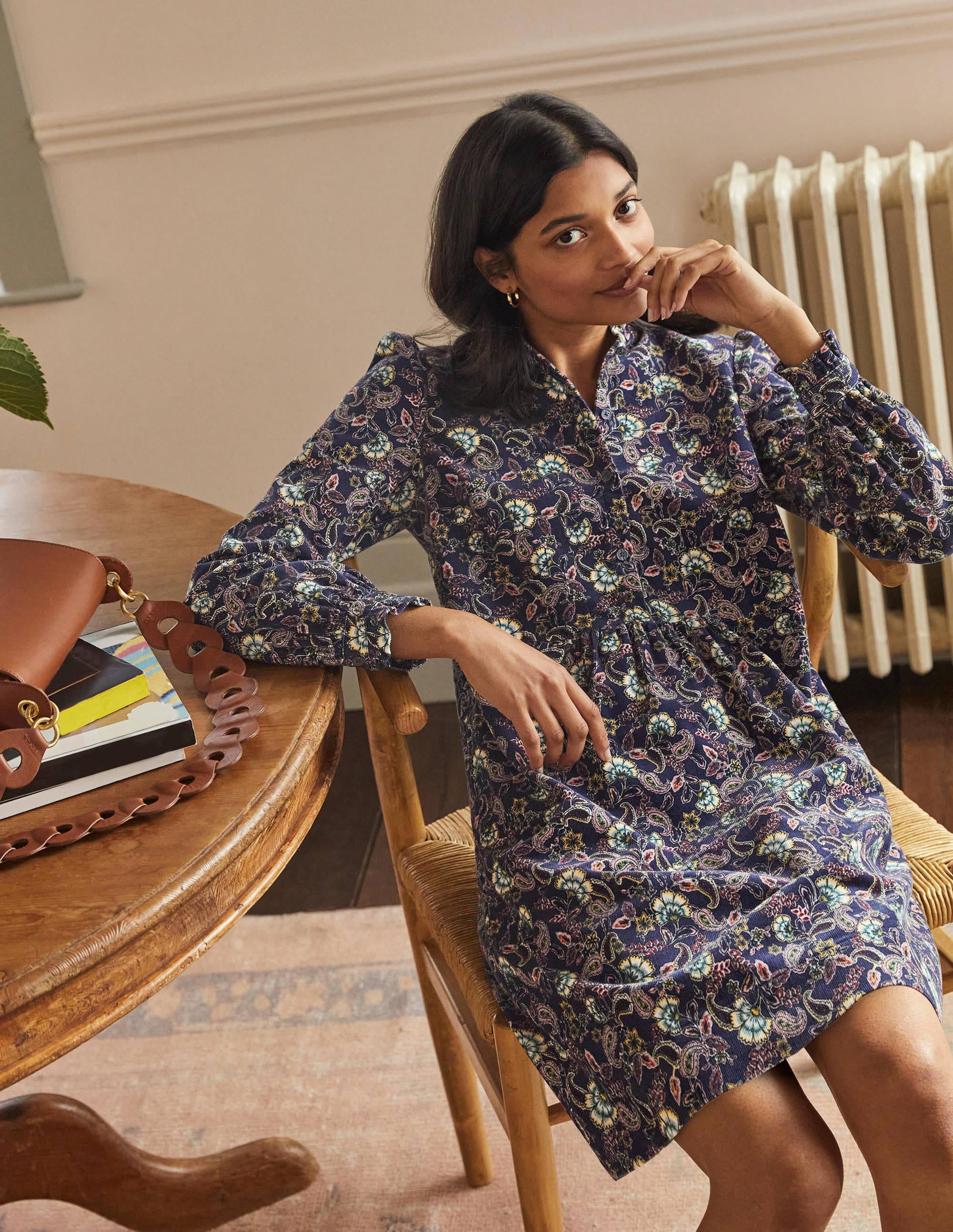  Ruffle Neck Cord Dress-French Navy, Exotic Floral、mySite、ashleygrahame