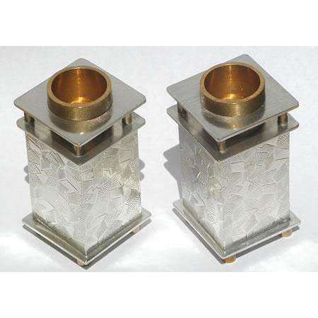 Joy Stember Pewter and Brass Shabbat Candlesticks with Patchwork Texture、mySite、topwebapps