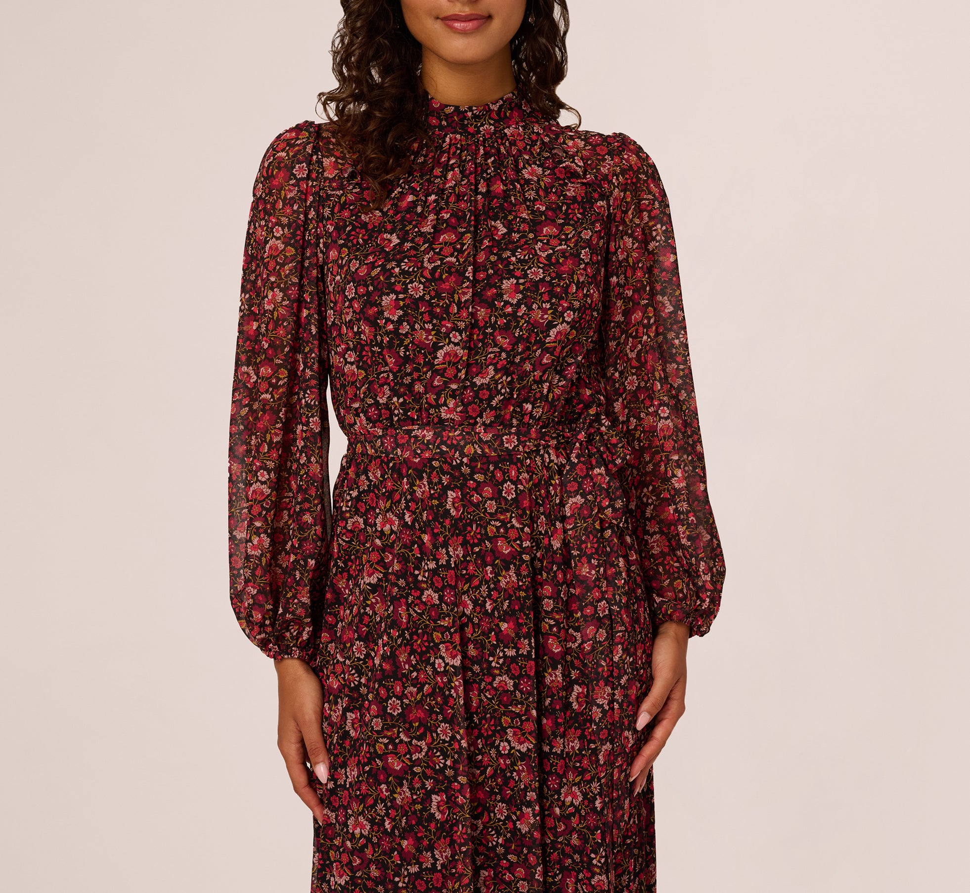 Long Sleeve Ditsy Floral Chiffon Midi Dress In Black Multi、mySite、solidvoid