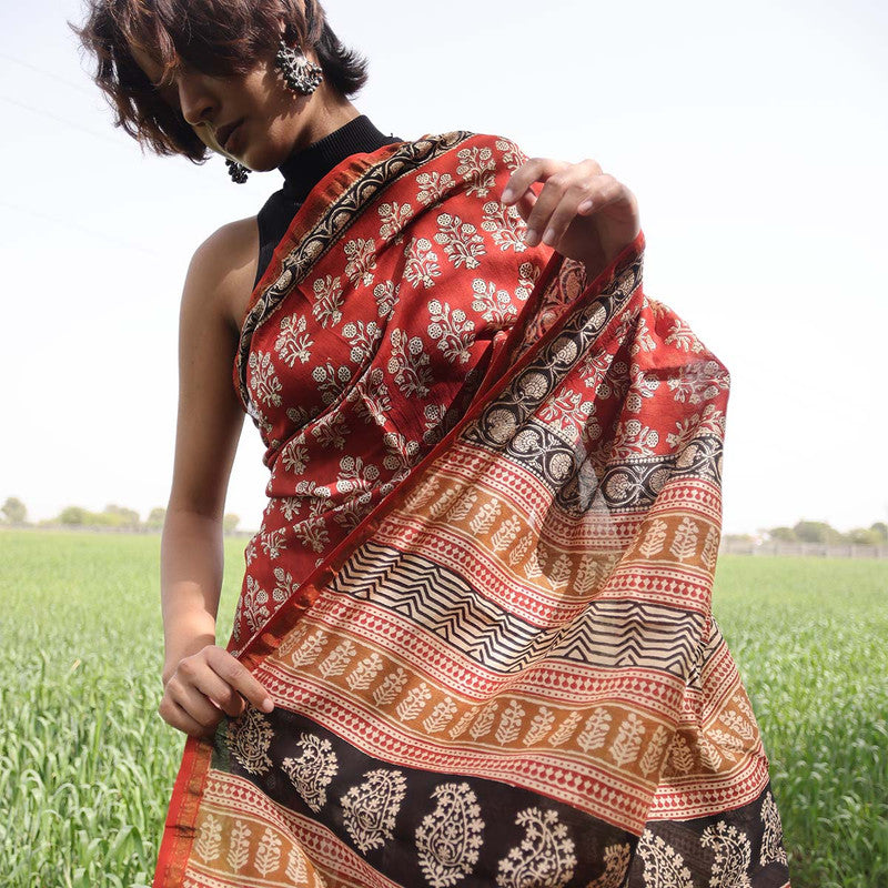 Bagru Printed Chanderi Red Saree、mySite、camillekostekn