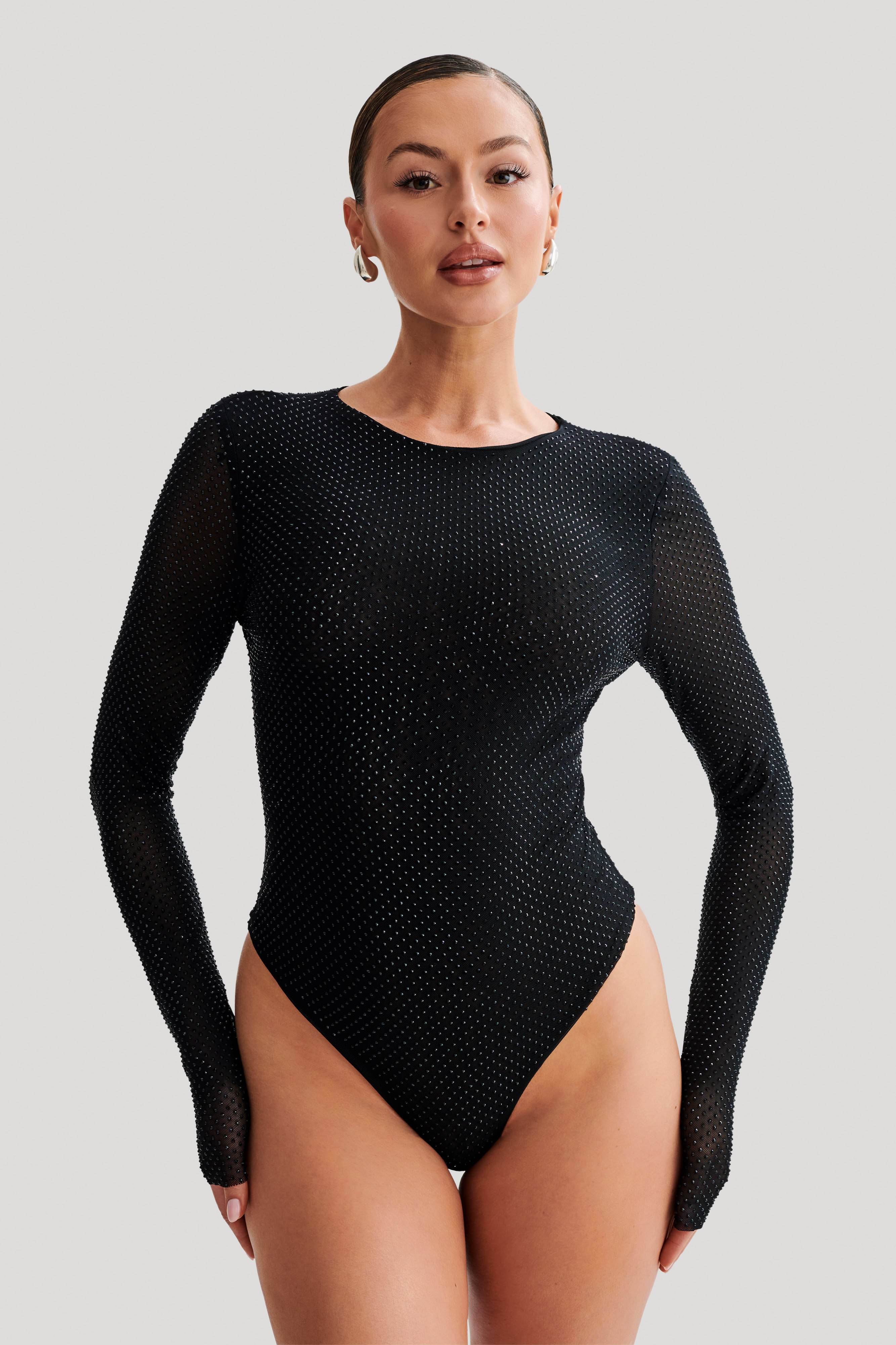 Selma Long Sleeve Diamante Bodysuit - Black/Black、mySite、solidvoid