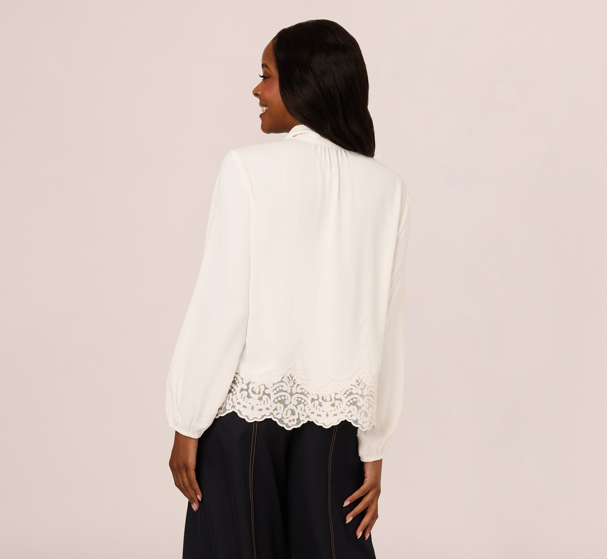 Lace Hem Tie Neck Blouse In Ivory、mySite、solidvoid