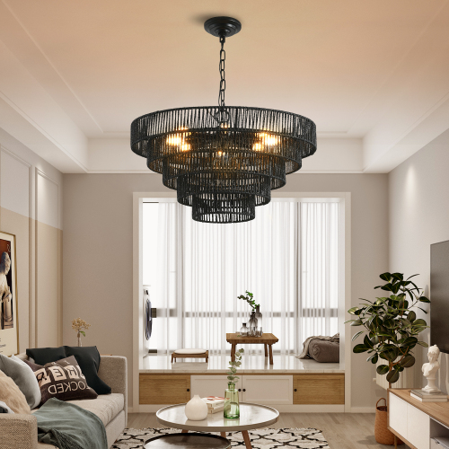 (Same as W1340P155977/L1019-5) 24" Modern 5-Layer Woven Hemp Rope Chandelier, Boho Style Pendant Light, Elegant Hanging Light Fixture for Living Room, Dining Room, Bedroom (No Bulbs)、、eastwooduniform