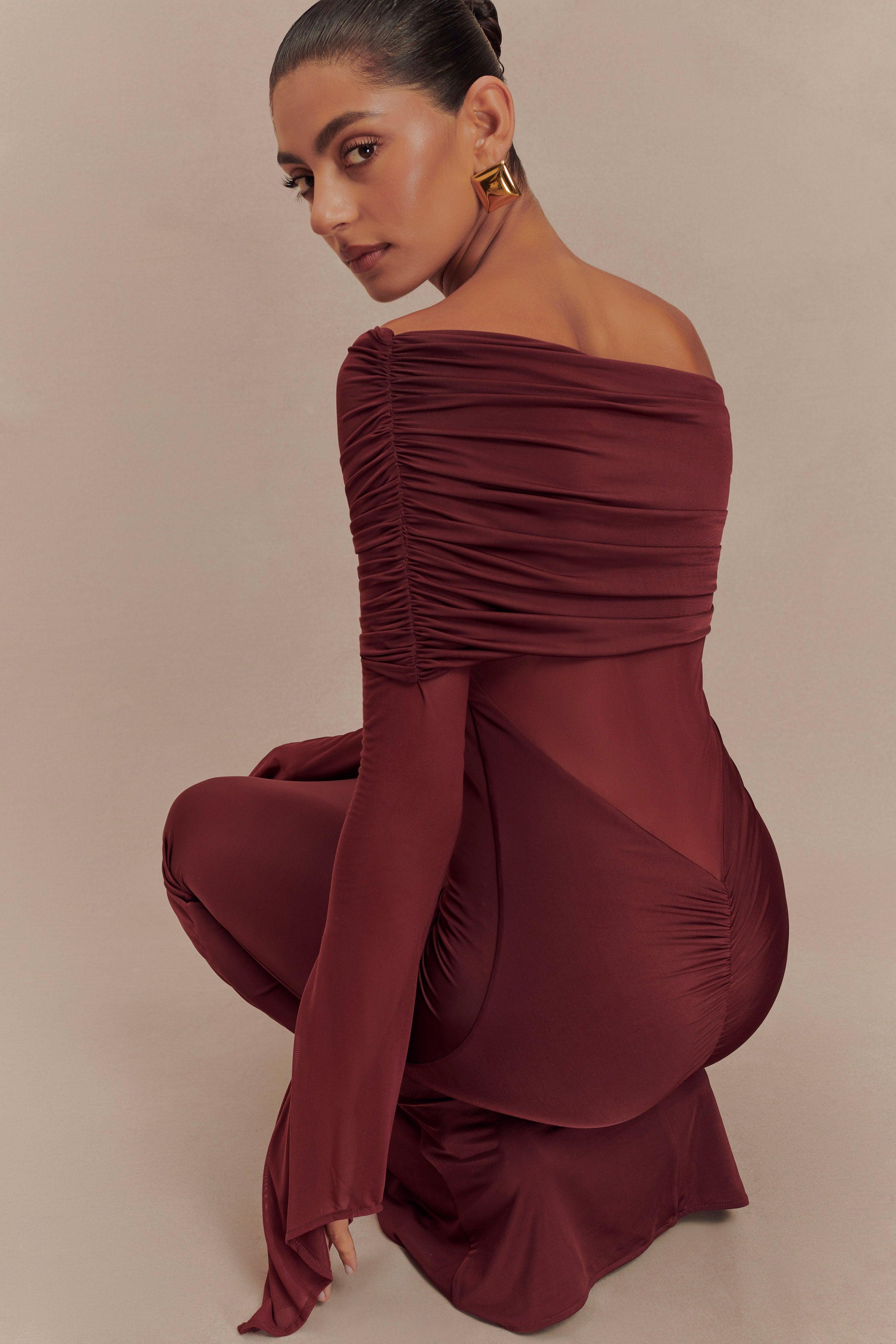 Kaitlin One Shoulder Slinky And Mesh Maxi Dress - Burgundy、mySite、solidvoid