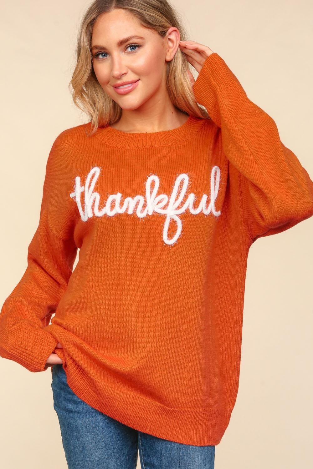 Metallic Glitter Embroidery Women's Thankful Sweater、mySite、camillekostekn
