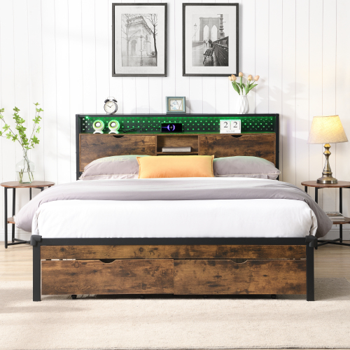 Full Size Metal Platform Bed Frame with Wooden Headboard and with Footboard USB,Charging Station,2 Drawers,storage, LED Lights, No Box Spring Needed, Easy Assemble、、casual