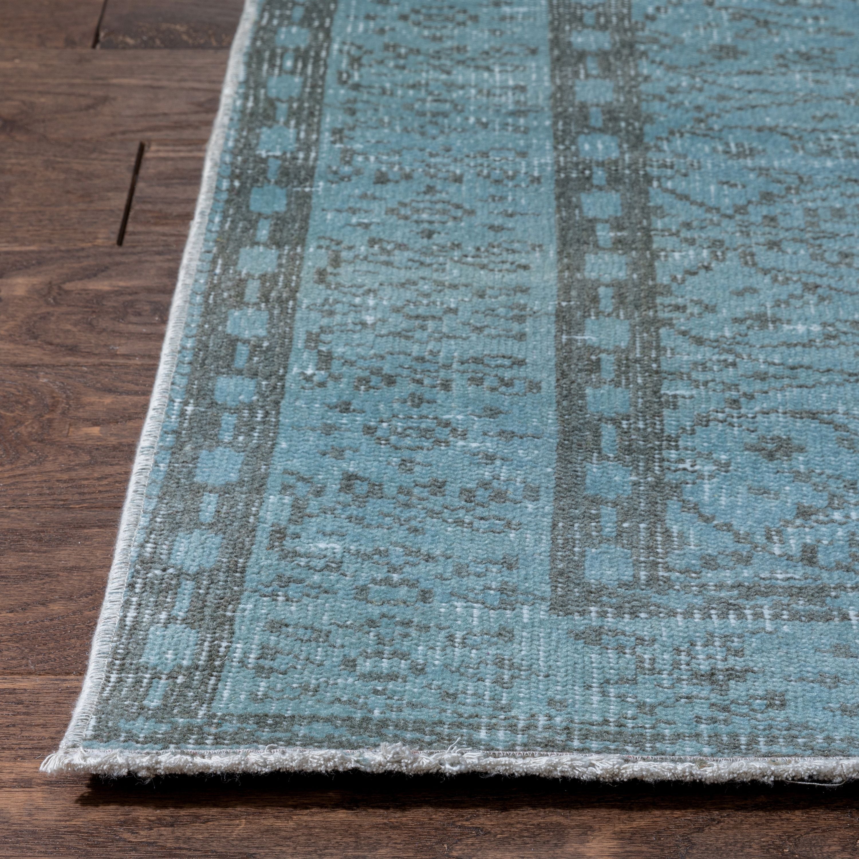 Ardin Light Blue Overdyed Floral Botanical Border Pattern One-of-a-Kind Handmade Wool Area Rug 5'6 x 9'、mySite、gigharbornorthrealestate