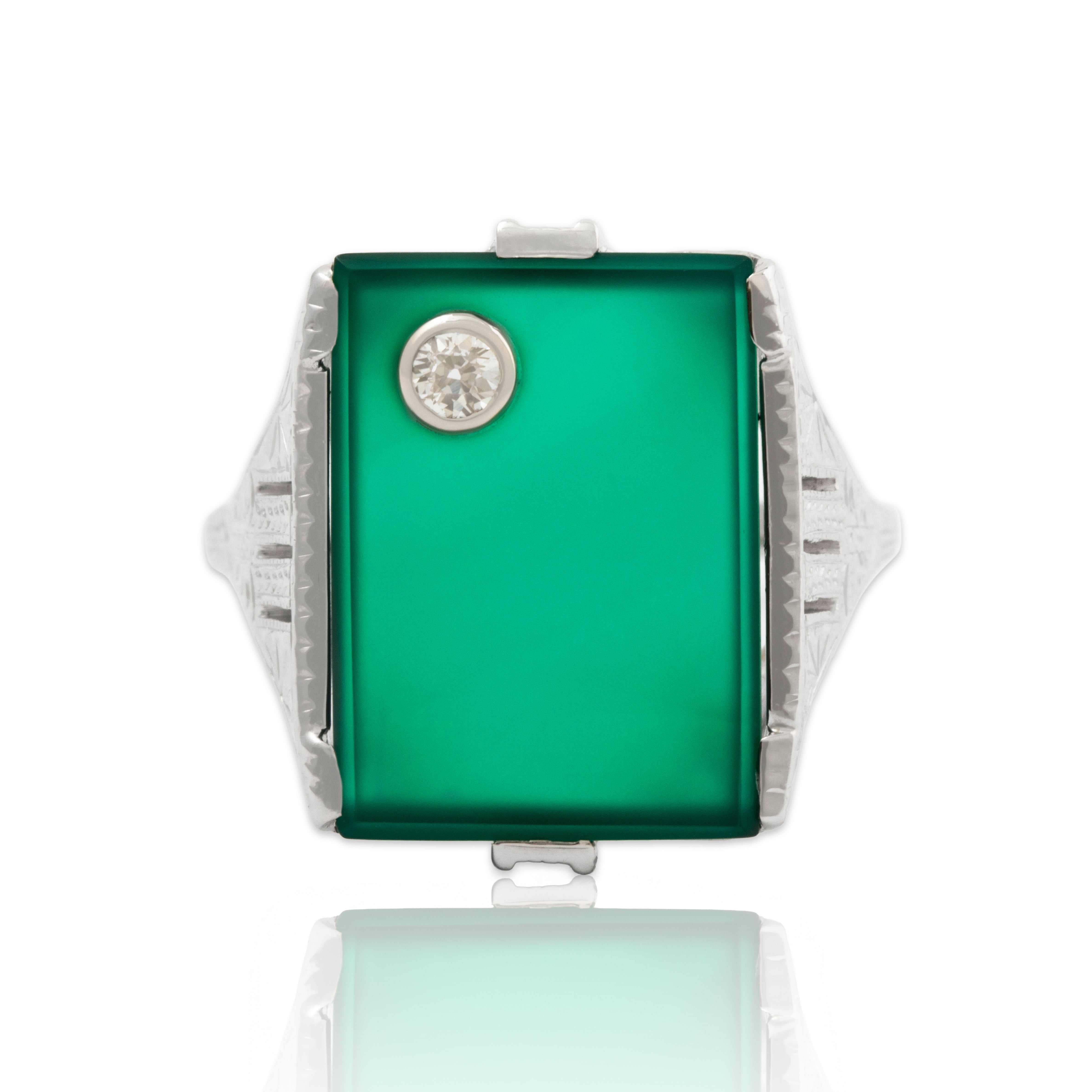 Antique Art Deco 14k White Gold Green Onyx Old European Diamond Geometric Ring、mySite、hinf8tx79