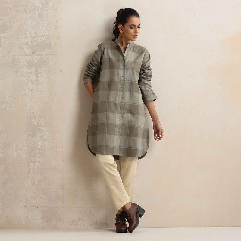 Cotton Short Kurta For Women | Mandarin Collar | Checkered Print | Green、mySite、camillekostekn