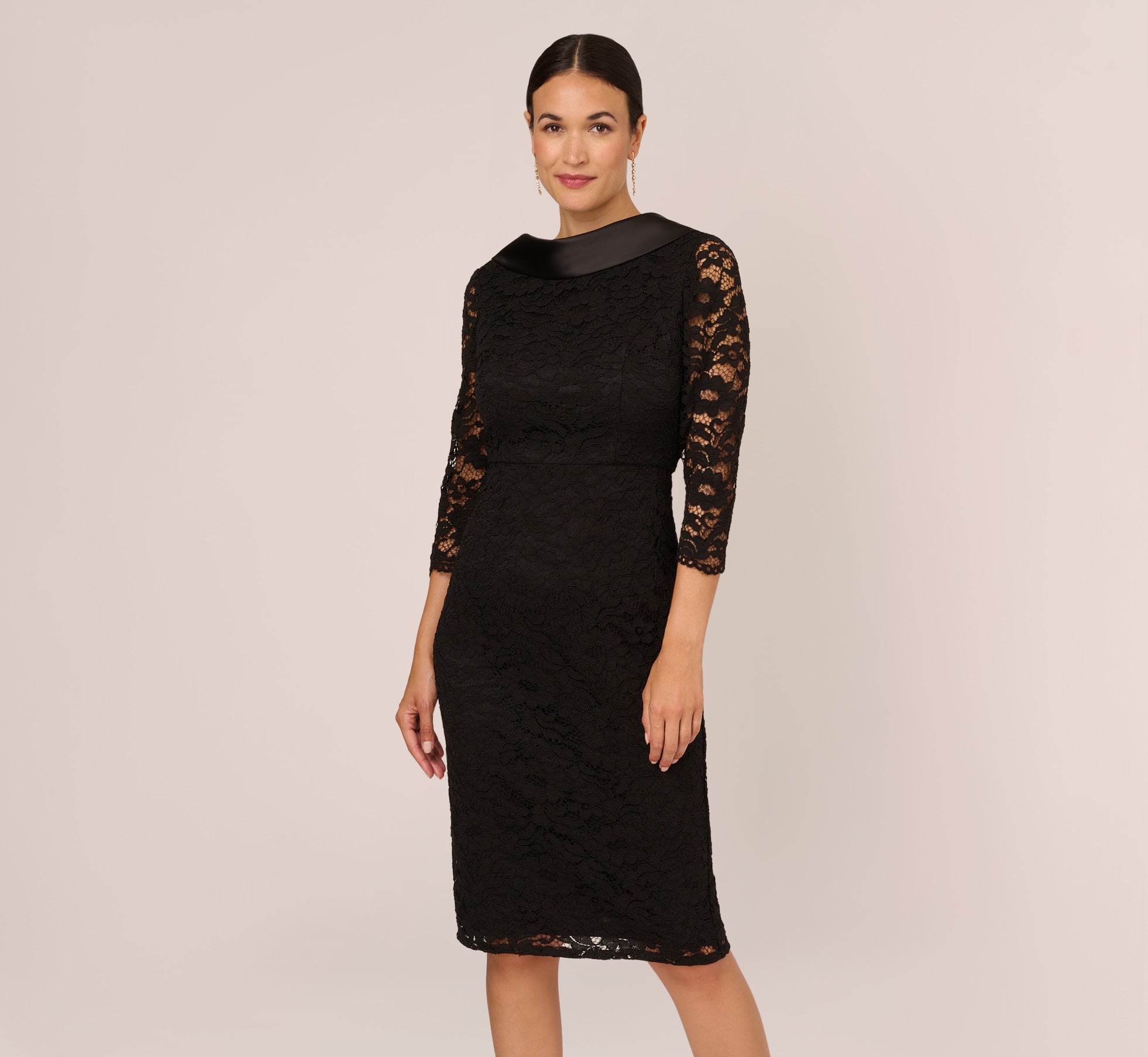 Roll Neck Lace Dress With Sheer Elbow Sleeves In Black、mySite、solidvoid
