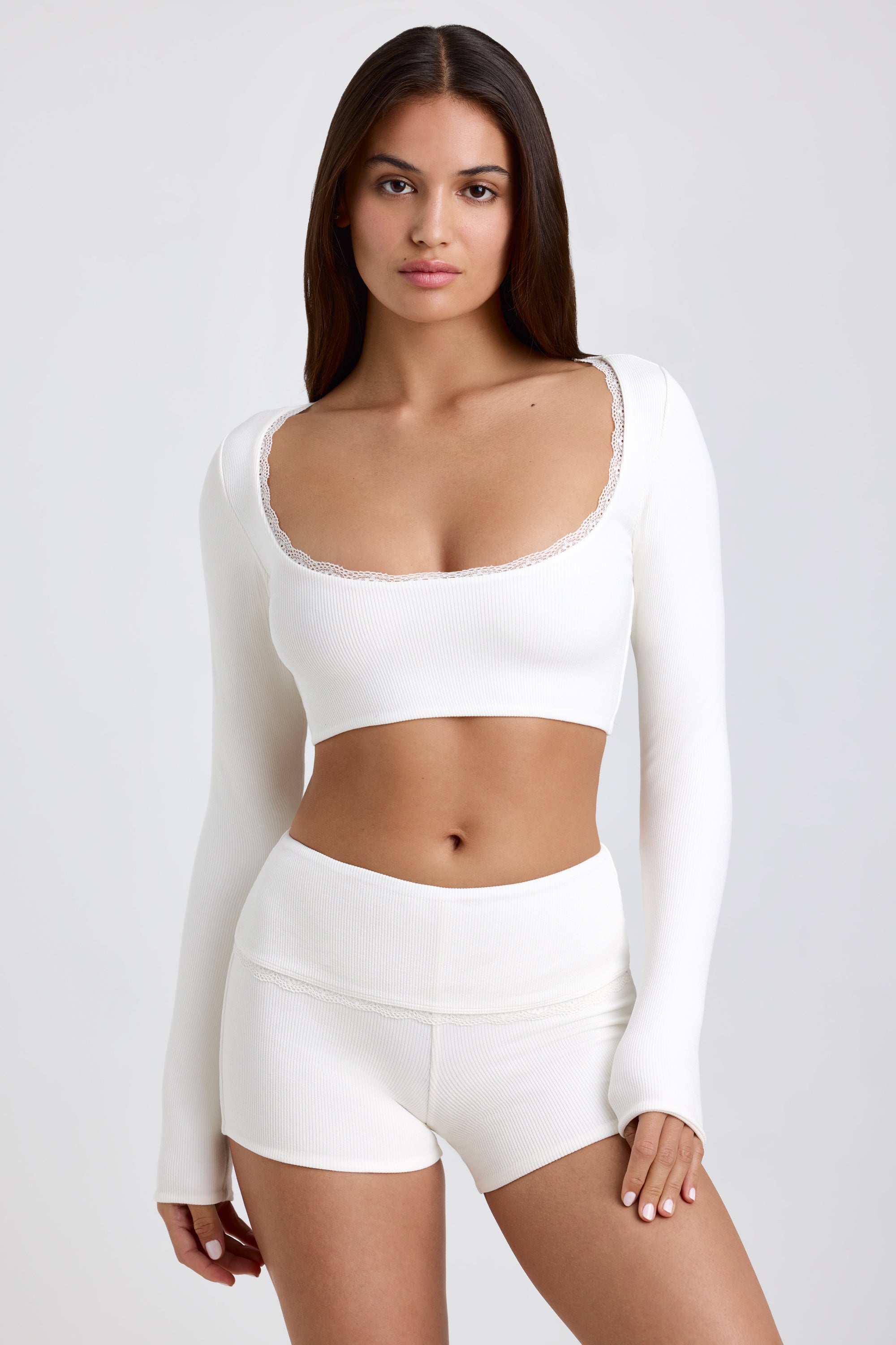 Ribbed Modal Lace-Trim Crop Top in White、mySite、solidvoid