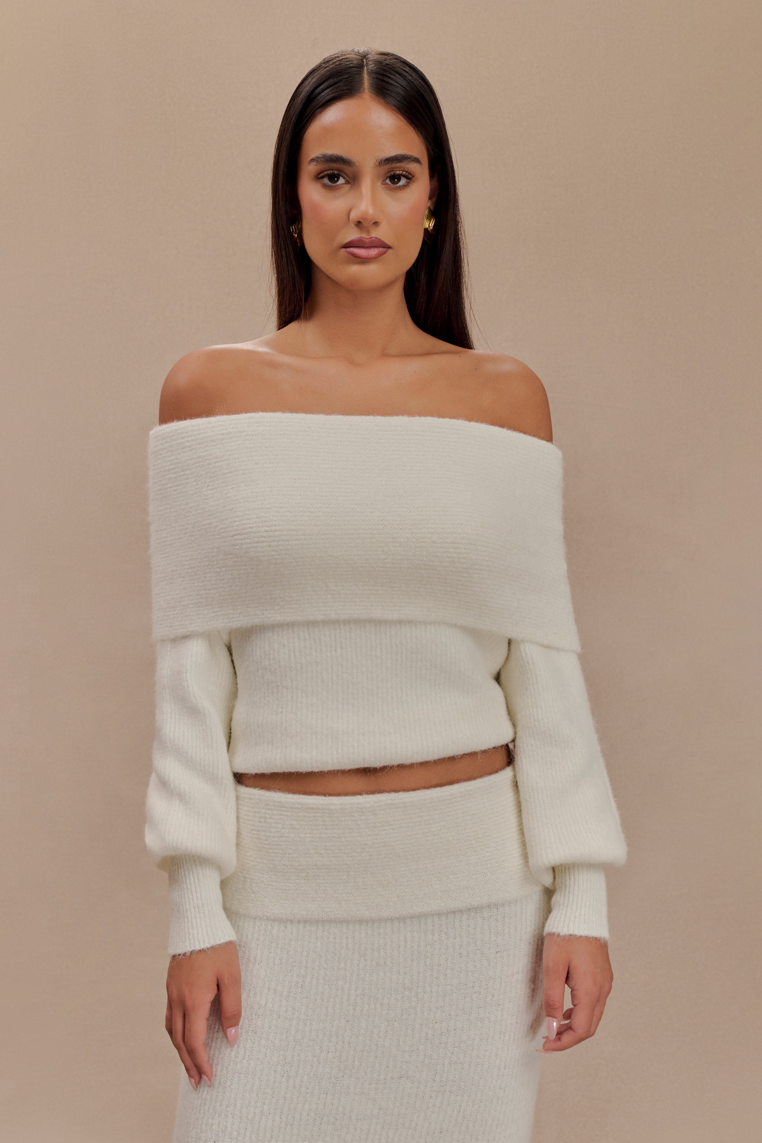 Charlotte Off Shoulder Knit Long Sleeve Top - Ivory、mySite、solidvoid