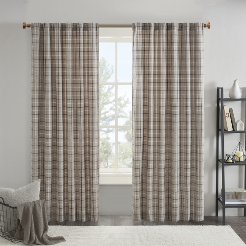 Plaid Rod Pocket and Back Tab Curtain Panel with Fleece Lining Brown 50x84"、、eastwooduniform