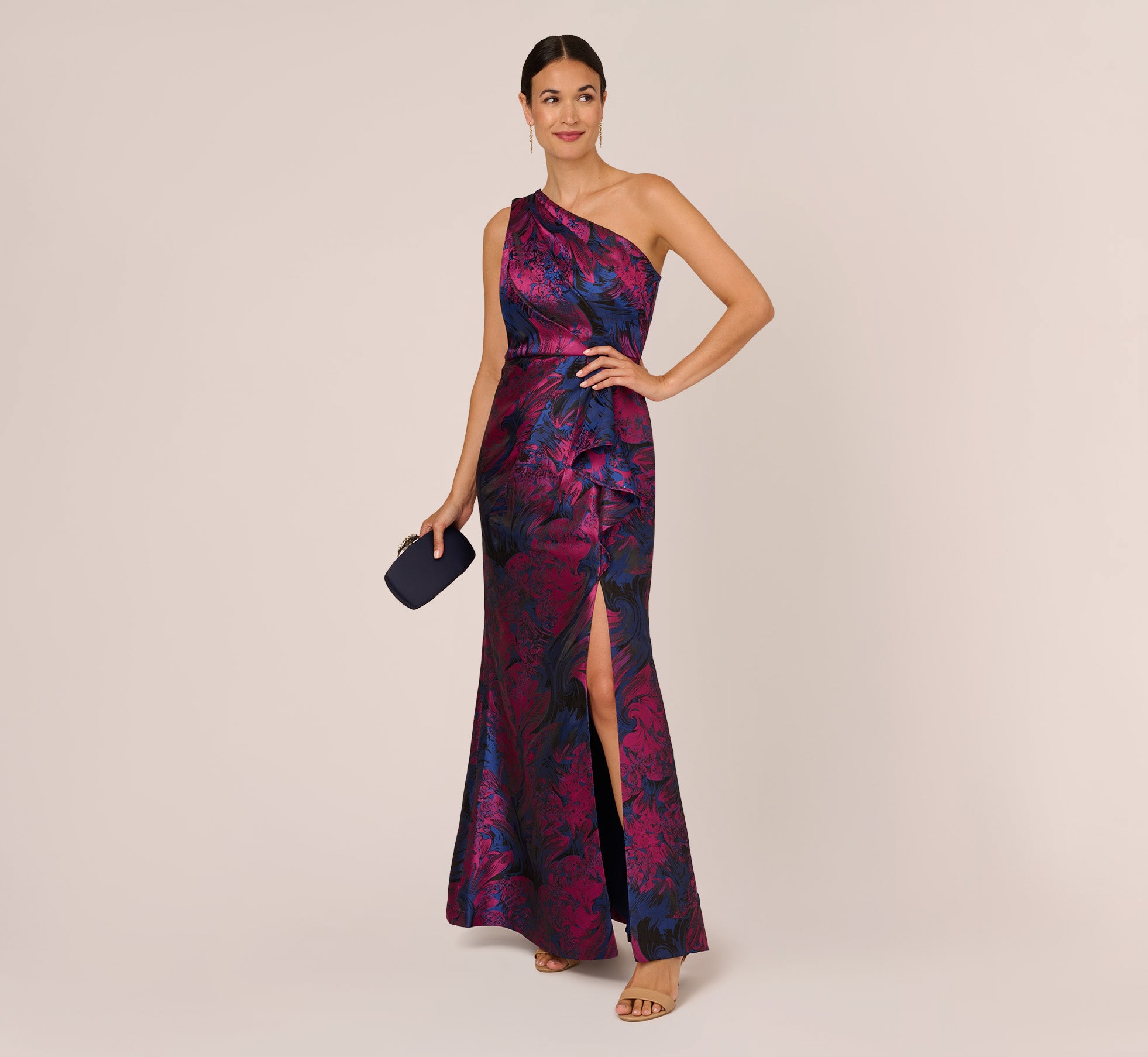 One Shoulder Jacquard Mermaid Gown With Drape Detail In Navy Orchid、mySite、solidvoid
