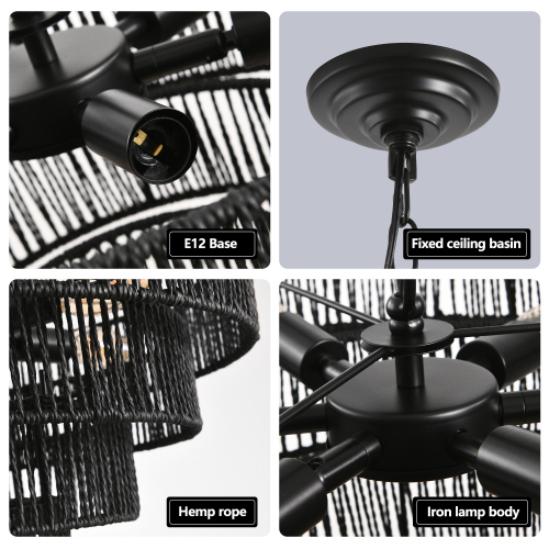20" Rustic 4-Tier Black Hemp Rope Pendant Light Chandelier with 6 E12 Sockets, Handmade Tiered Boho Ceiling Light Fixture for Dining Room, Kitchen, or Foyer (Bulb Not Included)、、eastwooduniform