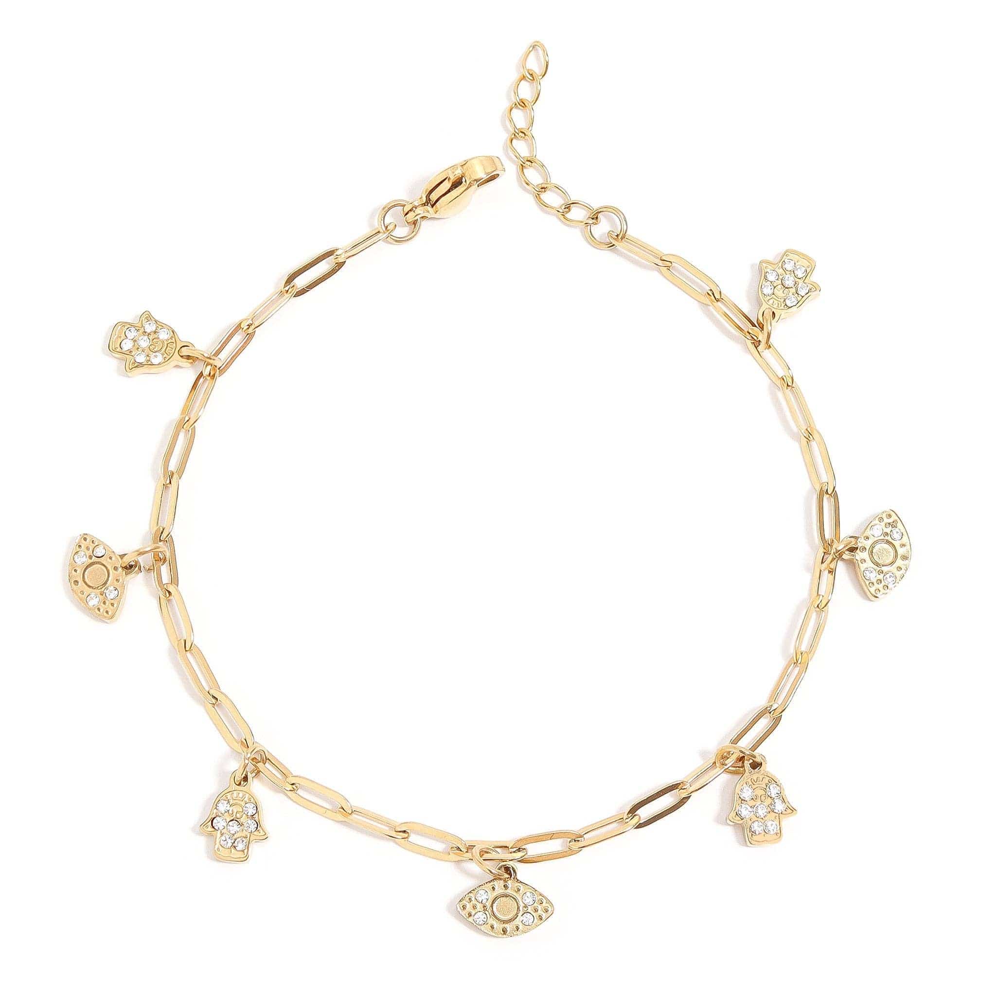 Crystal Hamsa and Evil Eye Paperclip Bracelet - 18k Gold-Plated、mySite、topwebapps
