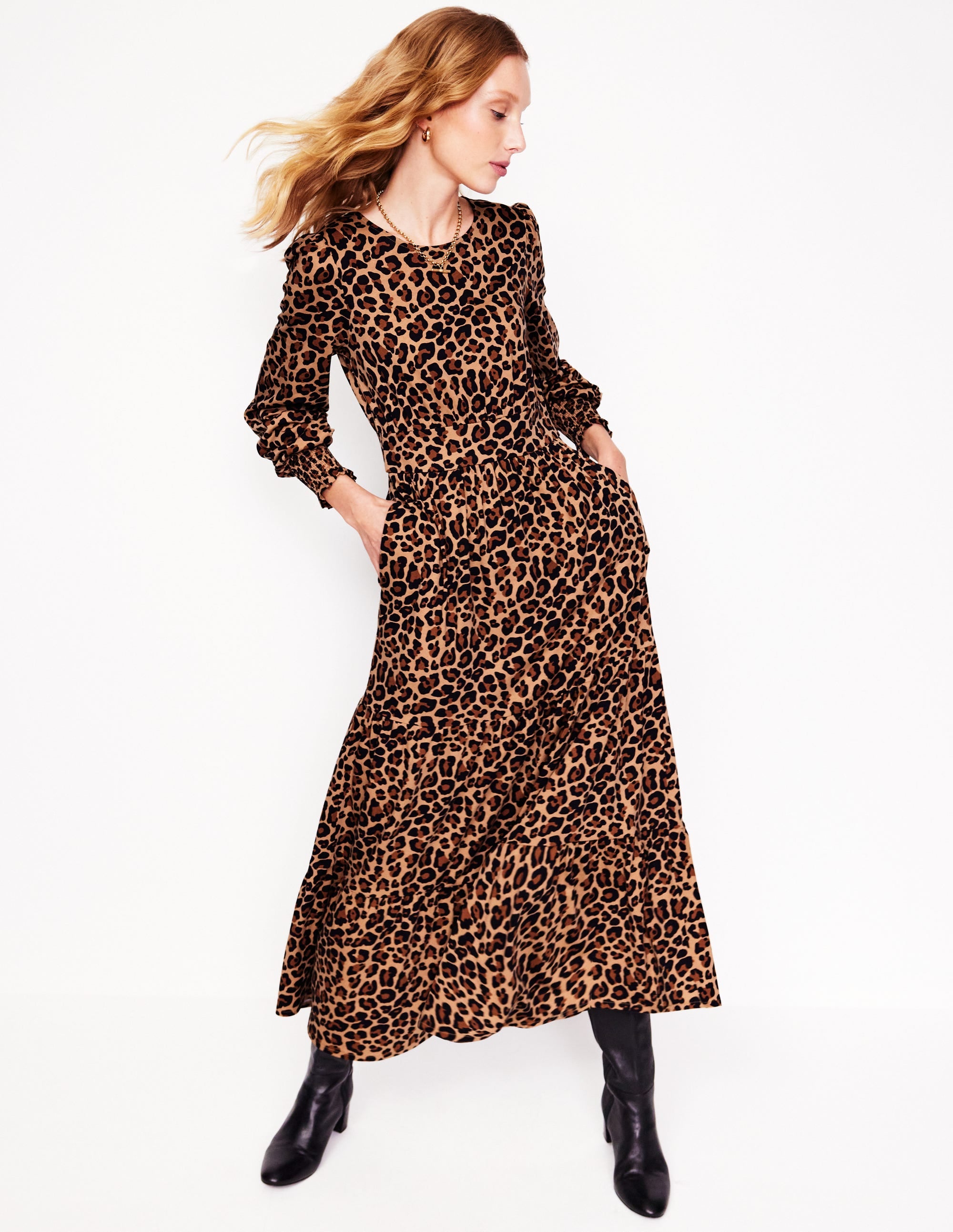  Tabitha Tiered Jersey Dress-Camel and Black, Cheetah Pop、mySite、ashleygrahame