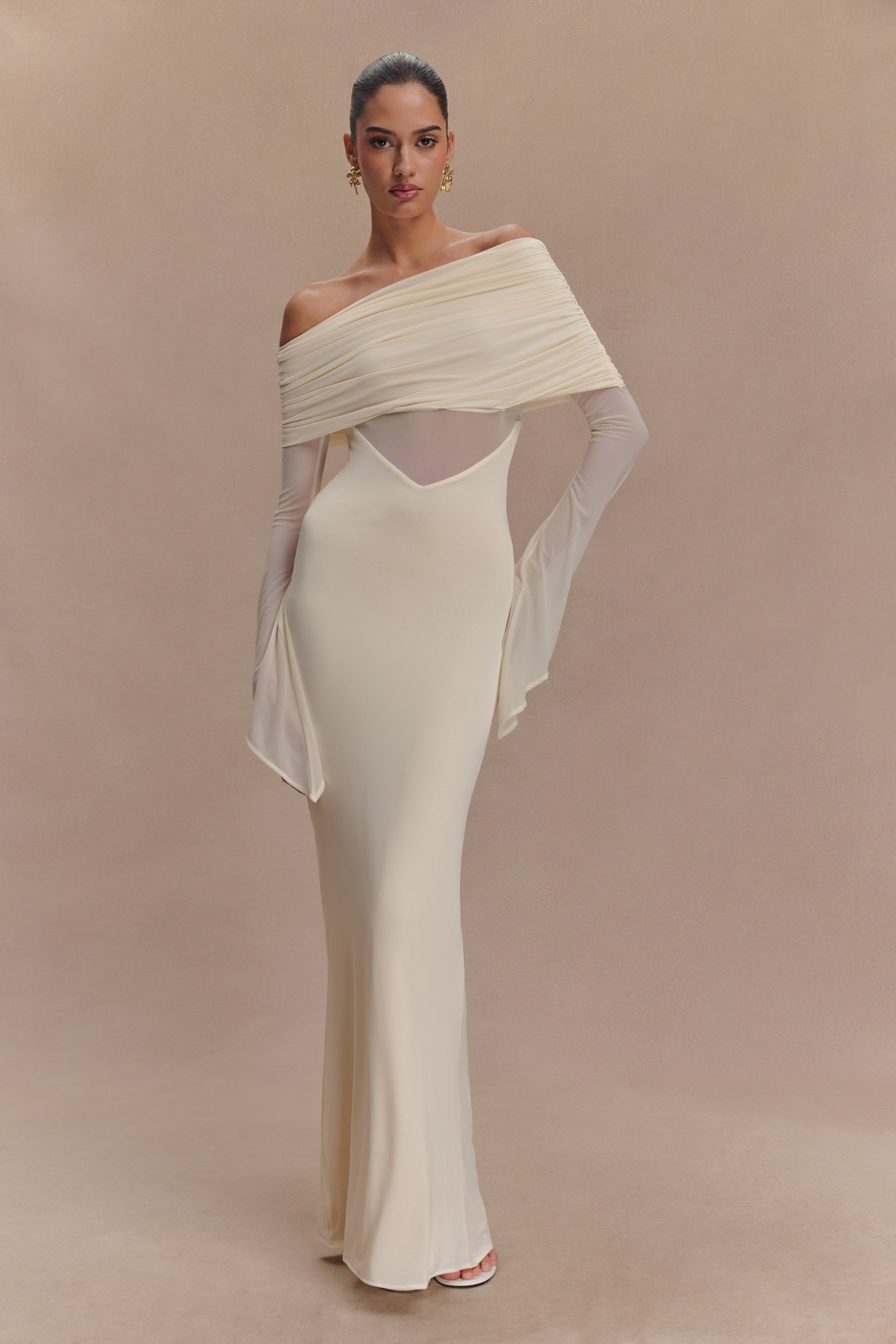 Kaitlin One Shoulder Slinky And Mesh Maxi Dress - Ivory、mySite、solidvoid