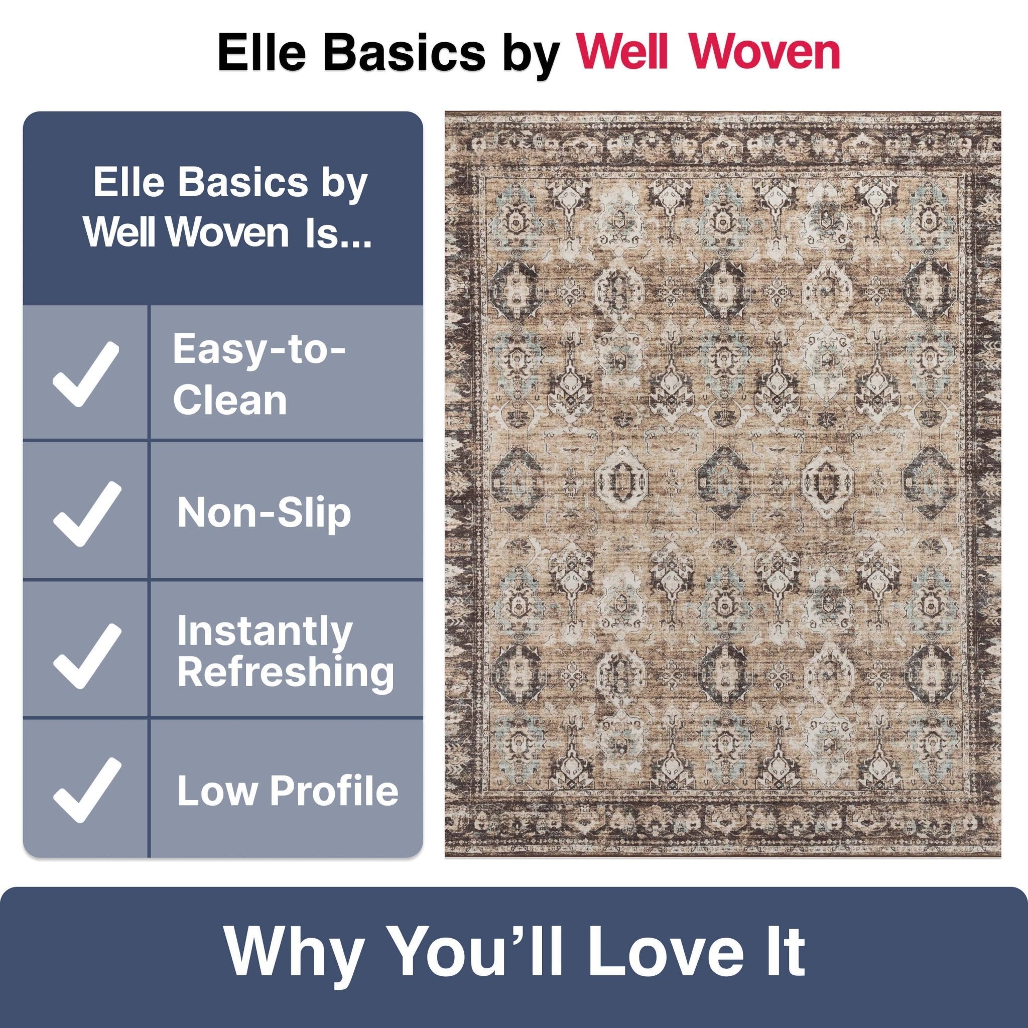 Elle Basics Intrigue Easy-Clean Washable Rug - Durable, Non-Slip, Low-Profile Design for Home Comfort、mySite、gigharbornorthrealestate