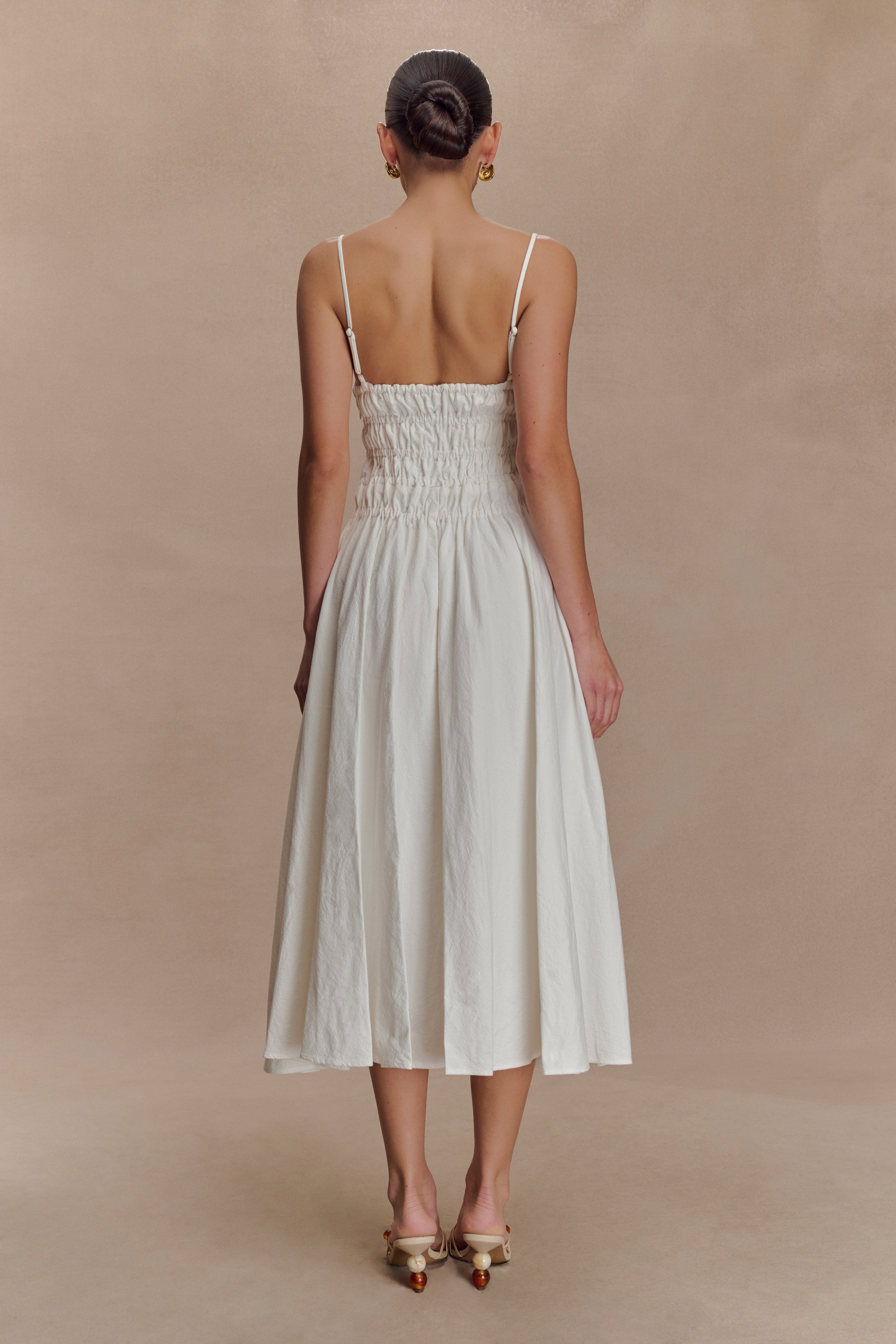 Elias Shirred Cotton Midi Dress - White、mySite、solidvoid