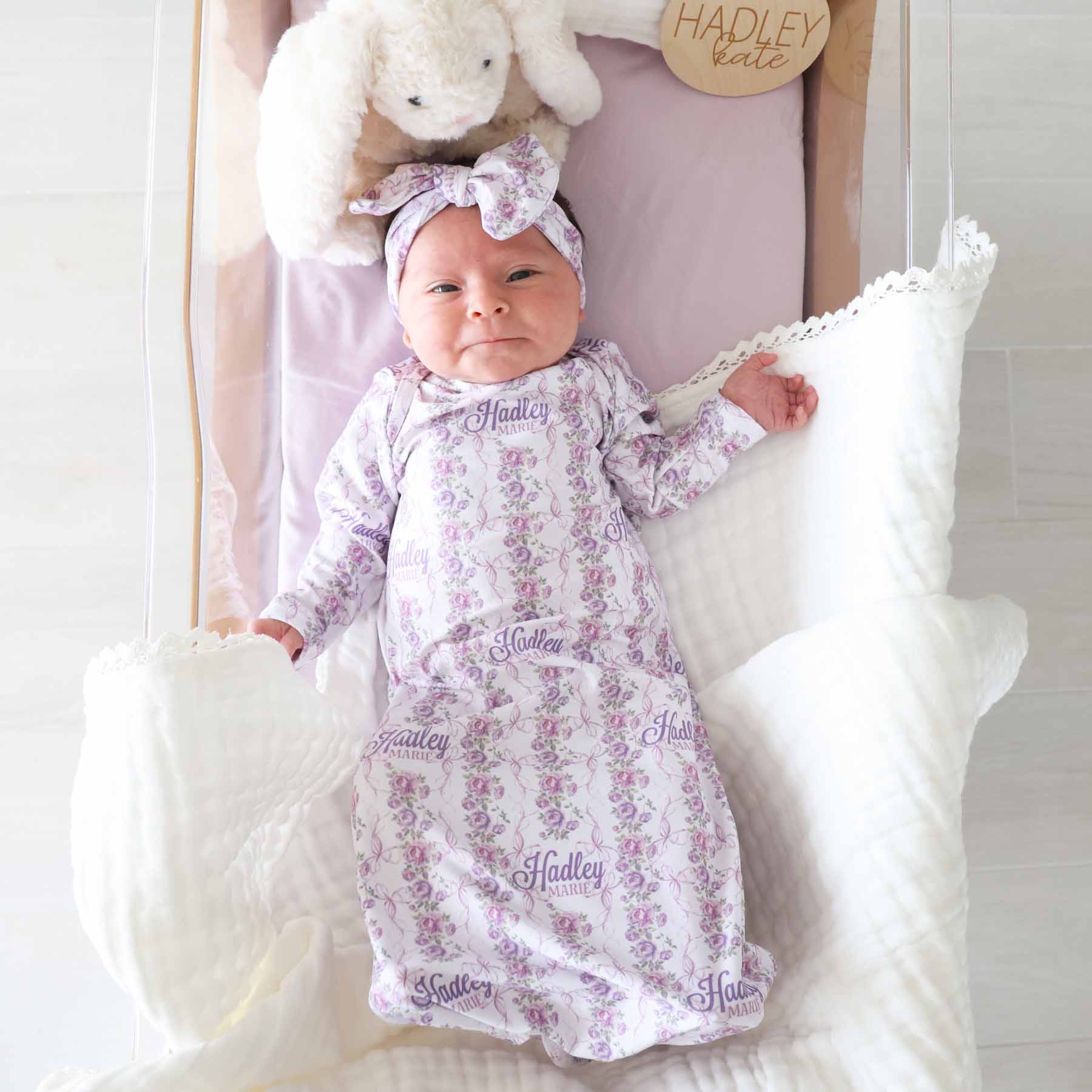  Violet Vines Personalized Newborn Baby Knot Gown、mySite、layawaytickets