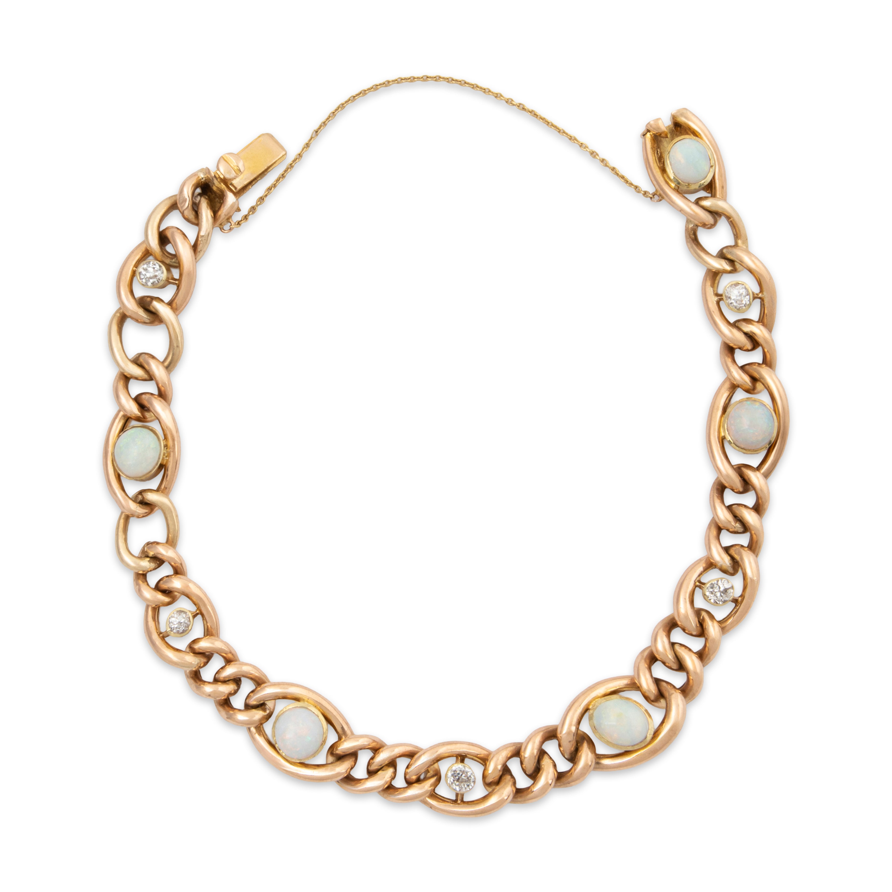 Antique European 15k Yellow Gold 2cttw Opal Old Mine Diamond Station Bracelet 6.75、mySite、hinf8tx79