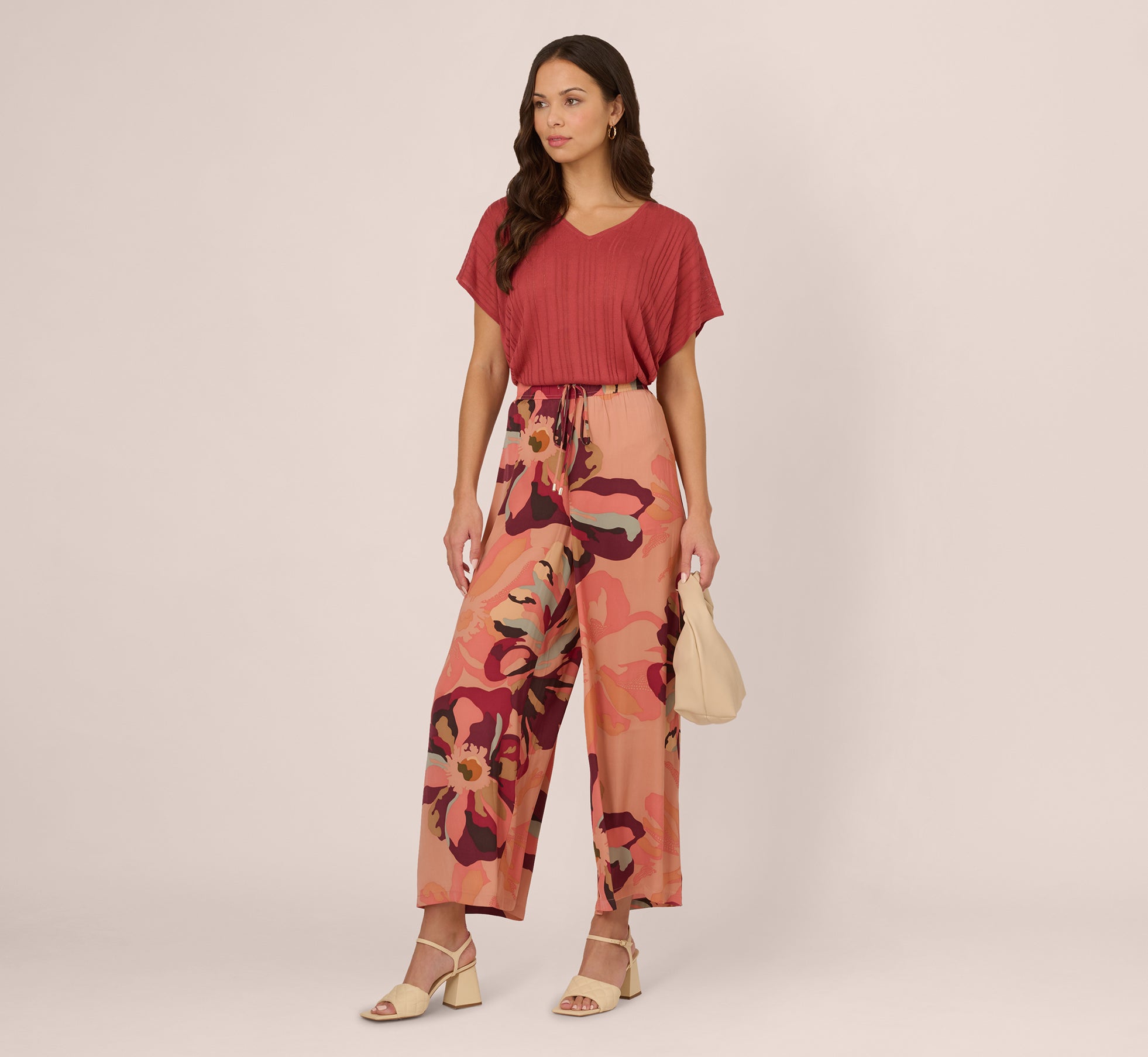 Tropical Floral Print Wide Leg Pants With Drawstring Waist In Deepburgundylargesunsetfloral、mySite、solidvoid