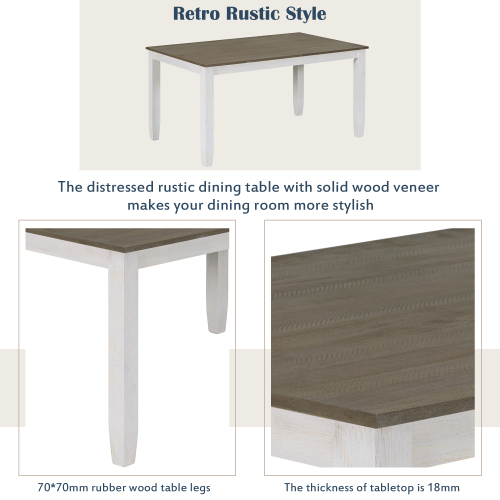 TREXM Rustic Style 6-Piece Dining Room Table Set with 4 Upholstered Chairs & a Bench (Brown + Whitewash)、、casual