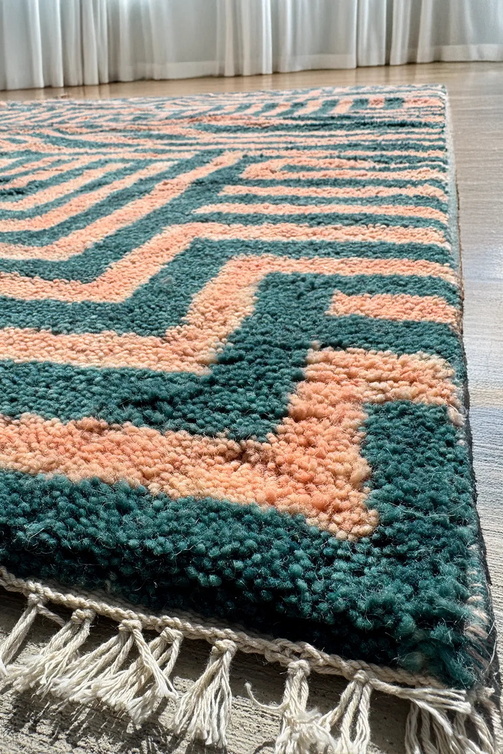Green and Peach Maze Moroccan Hand Knotted Wool Shag Rug 5x8、mySite、gigharbornorthrealestate