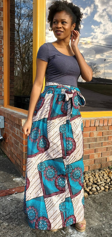 Ifeoma Turquoise Blue Burgundy African Print Skirt-DP5004SK、mySite、solidvoid