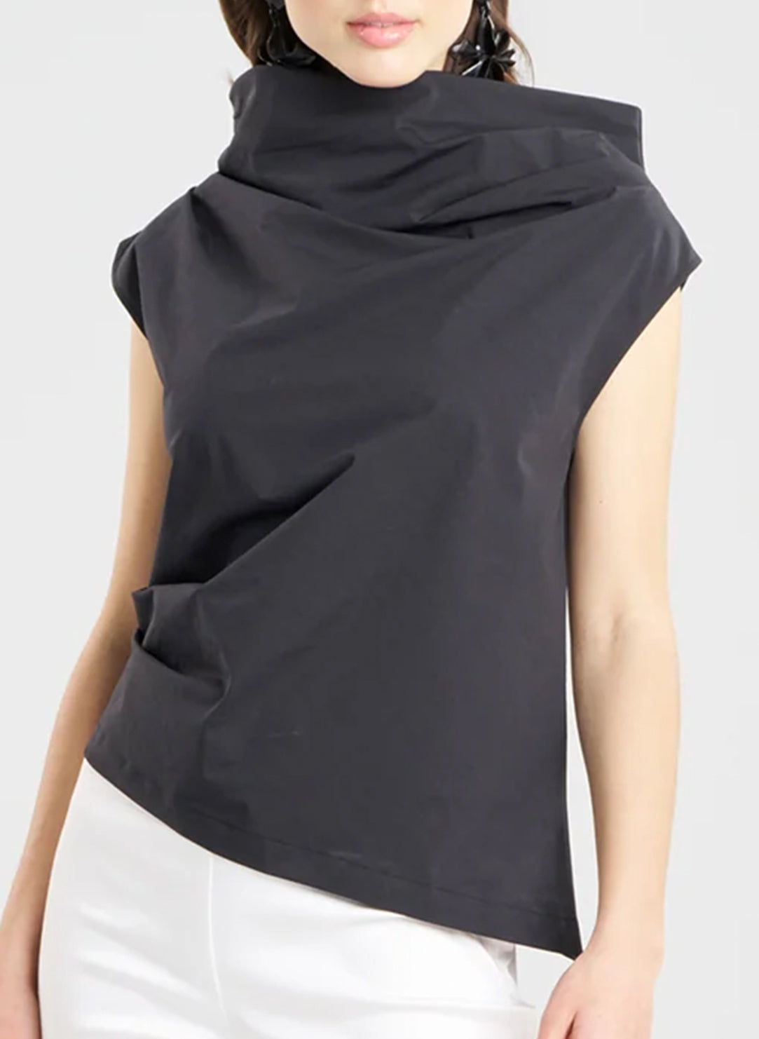  Tech Cotton Taffeta Black Asymmetric Funnel Neck Top、mySite、justintrudeaud