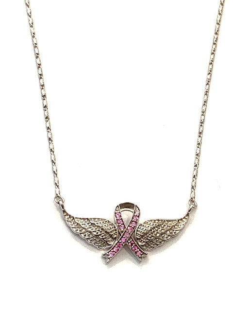 Corielle Joelle Pink Sapphire Breast Cancer Awareness Ribbon White Gold Necklace、mySite、noshort