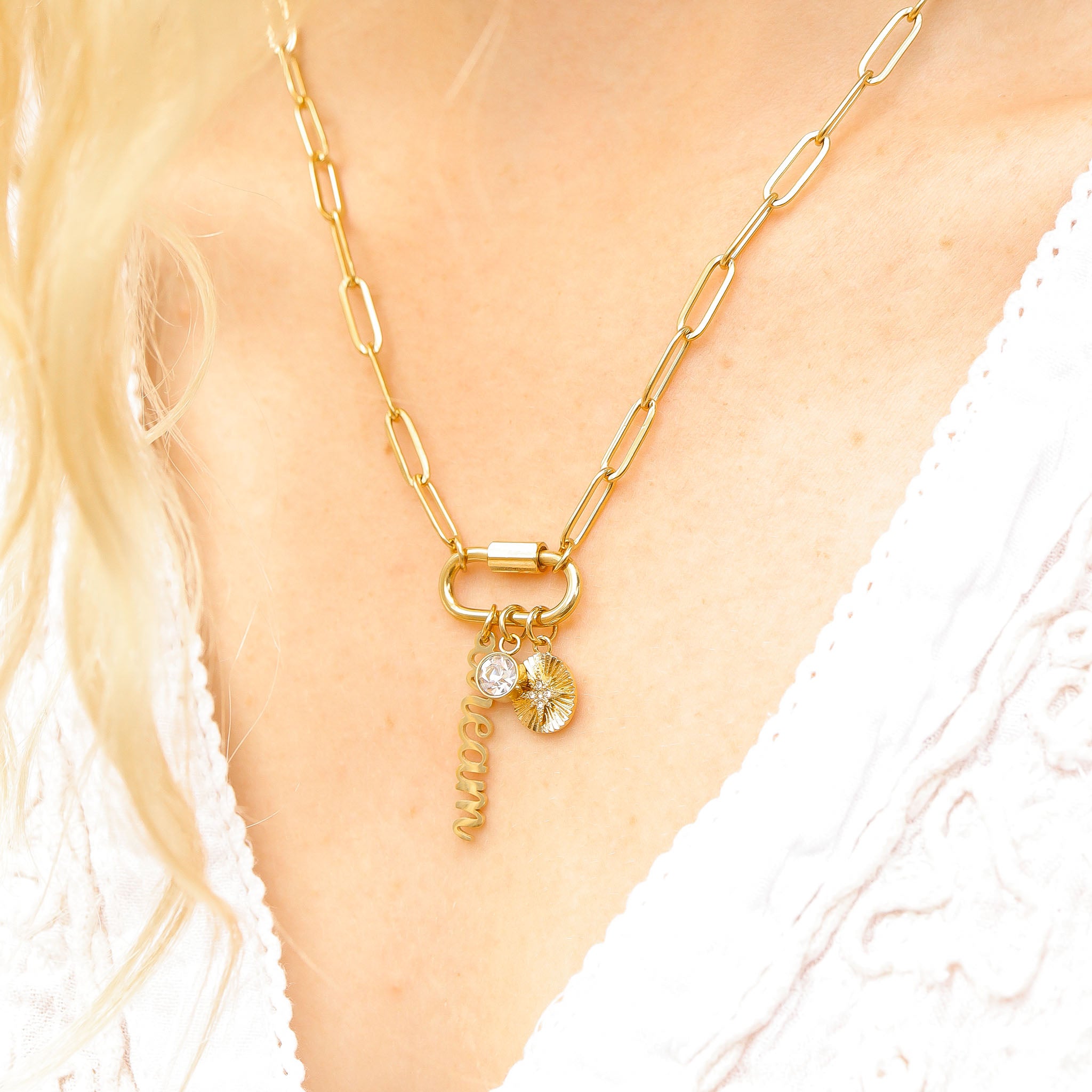 18K Gold PVD Stainless Steel Carabiner Dream Charm Paperclip Necklace / CHN0048、mySite、dreamappss