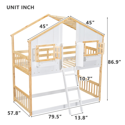 Twin over Twin House Bunk Bed with Roof , Window, Window Box, Door , with Safety Guardrails and Ladder,White、、casual