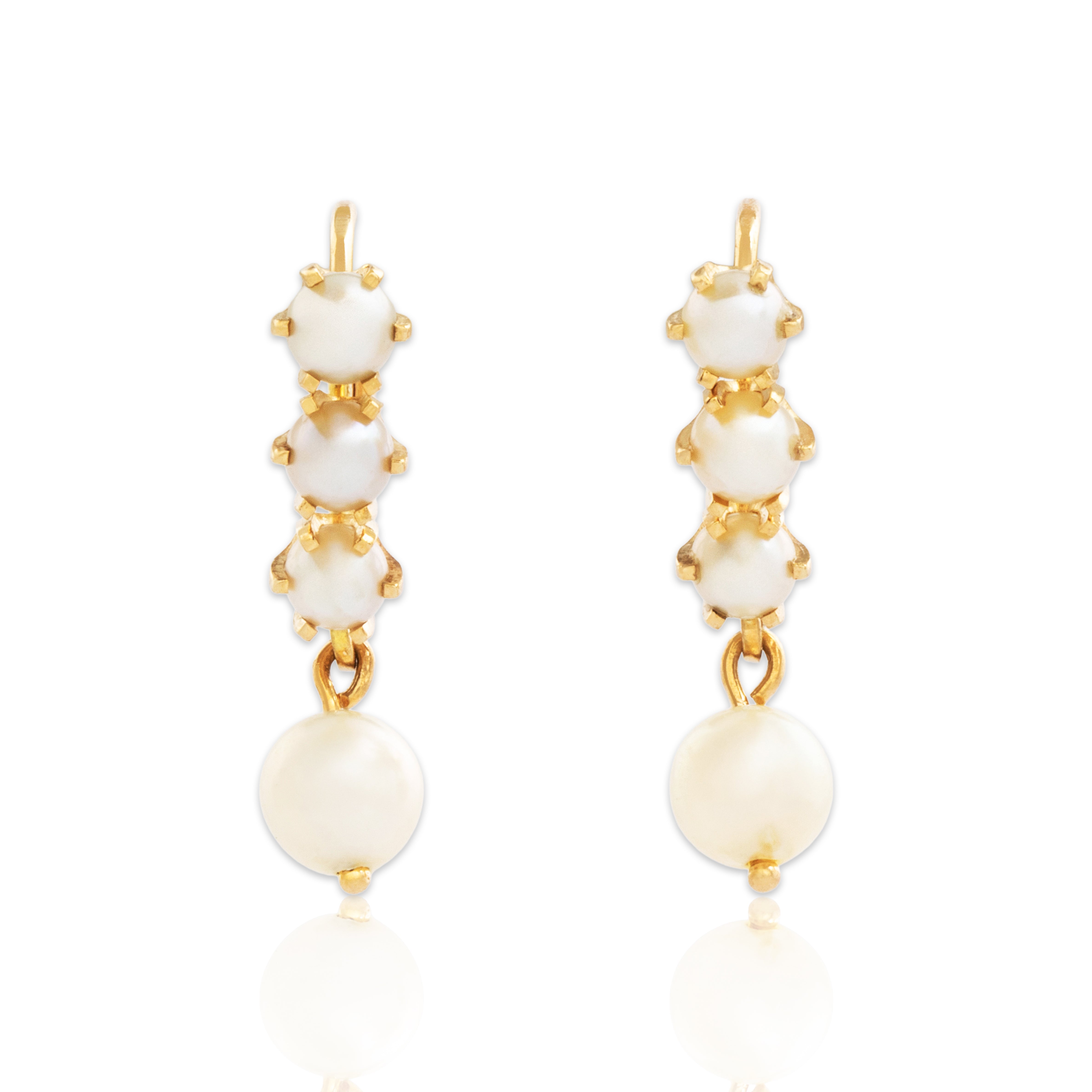 Vintage 14k Yellow Gold Pearl Lustrous Line Dangle Earrings、mySite、hinf8tx79