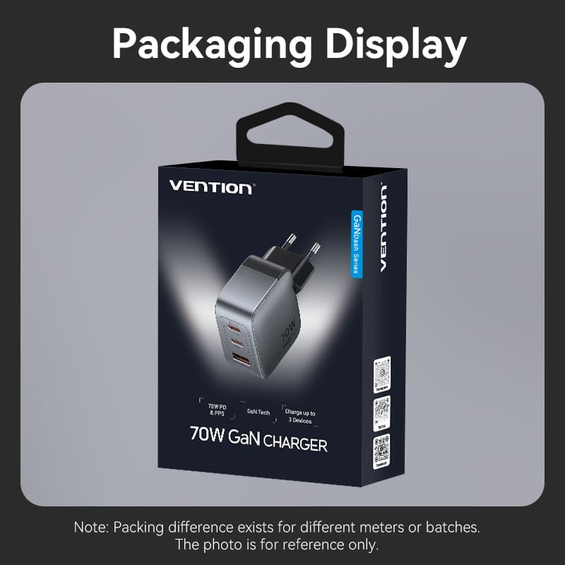 Vention 3-Port USB (C+C+A) GaN Charger (70W/70W/22.5W) EU-Plug、mySite、fannypackpong