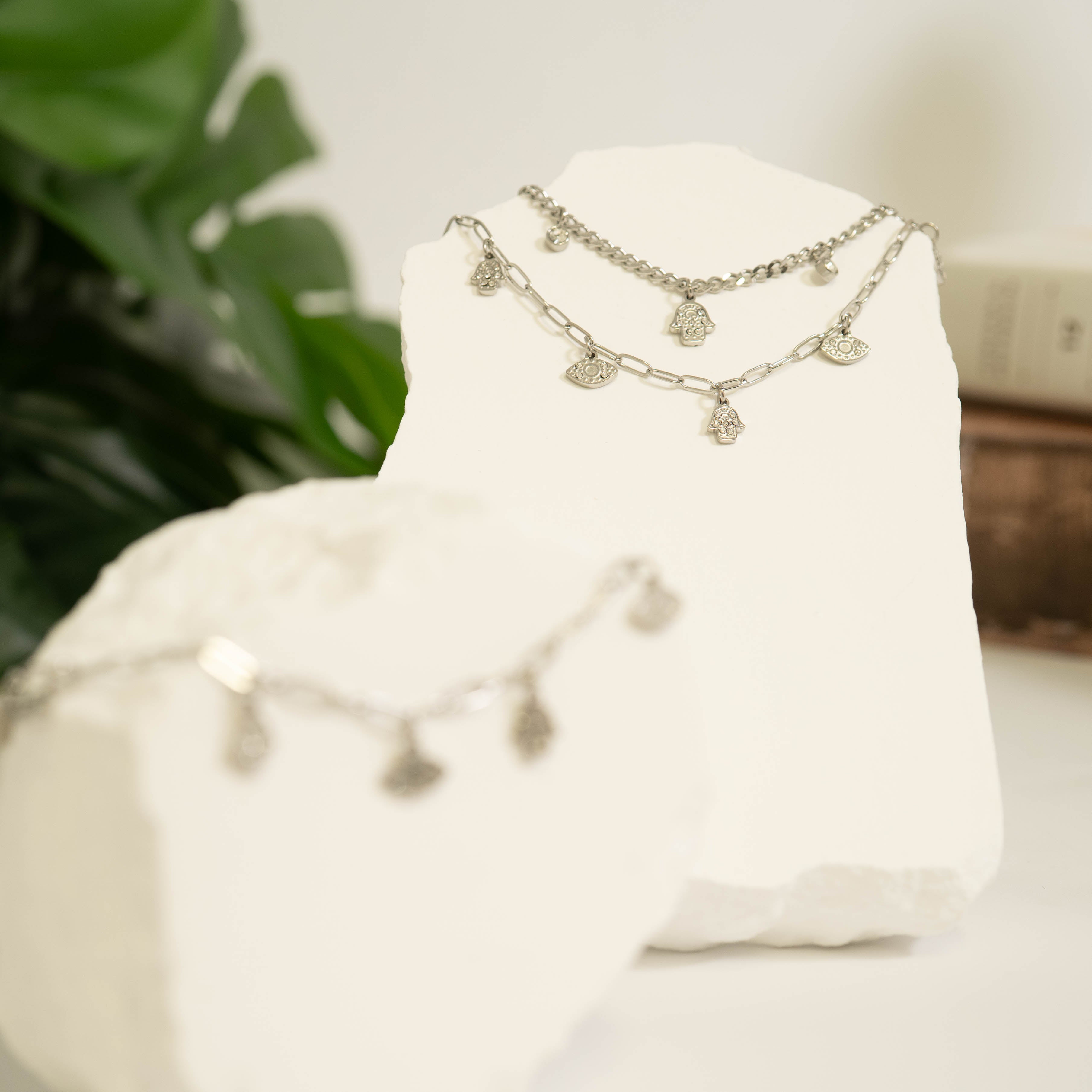 18K Gold PVD Hamsa & Evil Eye Convertible Charm Necklace / CHN0068、mySite、dreamappss