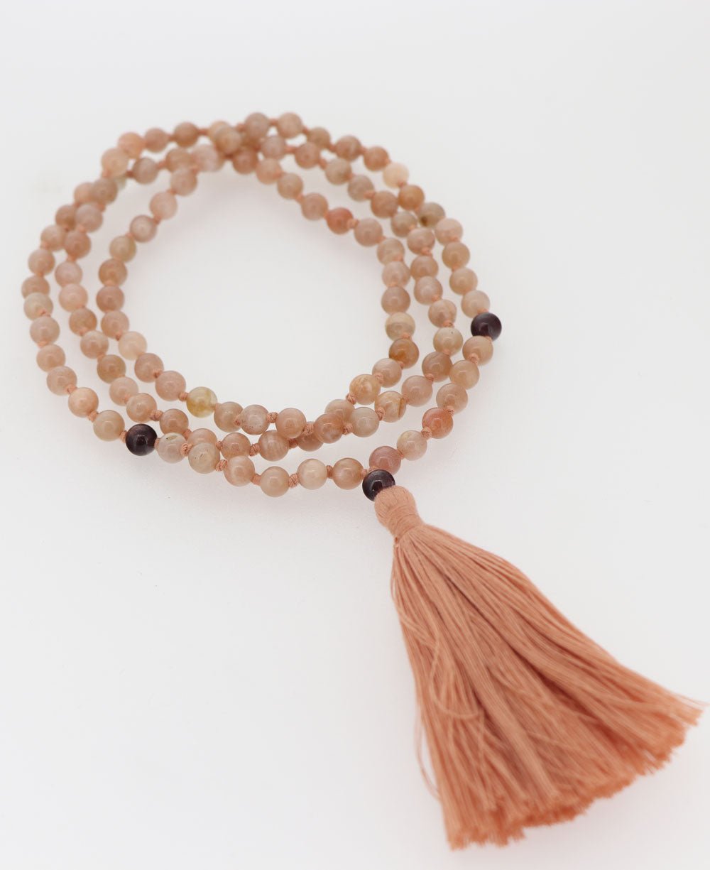 Peach Moonstone and Garnet 108 Beads Meditation Mala, Knotted、mySite、topwebapps