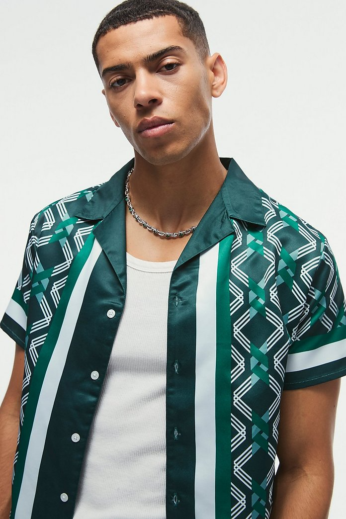  Boohooman Regular Fit Border Print Satin Shirt Green、mySite、justintrudeaud