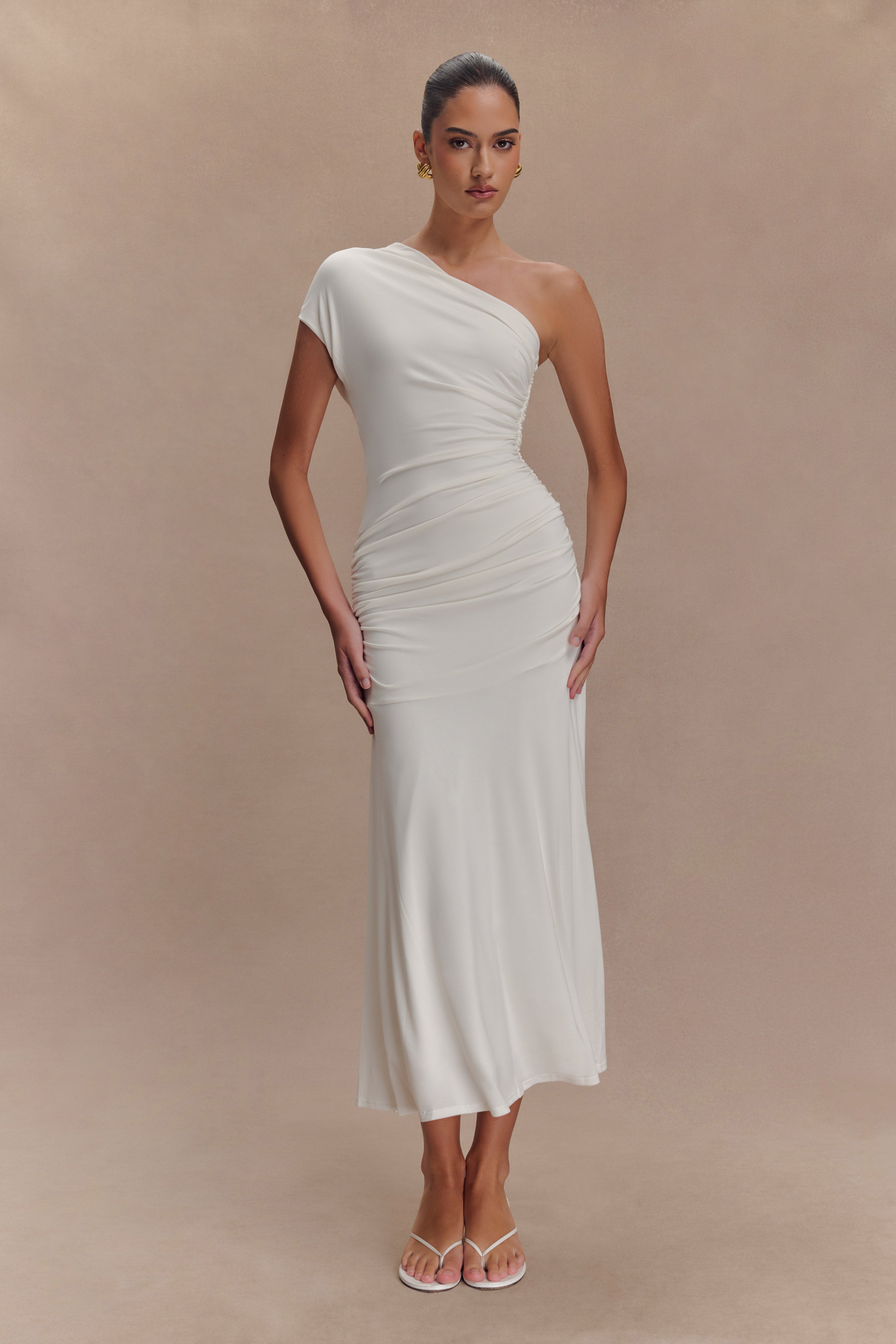 Chloe Peached Jersey One Shoulder Midi Dress - Ivory、mySite、solidvoid