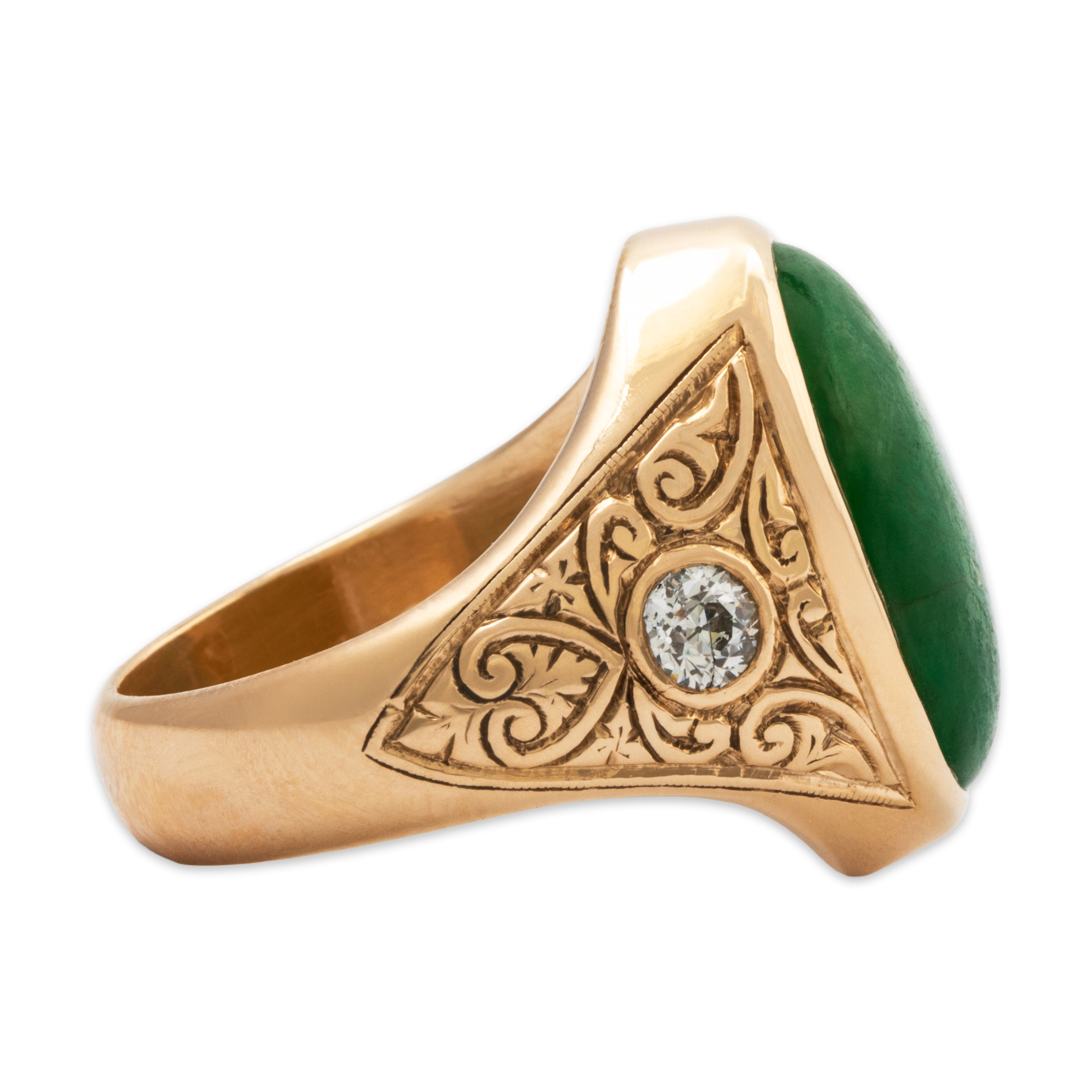 Antique Heavy 14k Rosy Yellow Gold 13ct Jade .5cttw Old European Diamond Ring、mySite、hinf8tx79