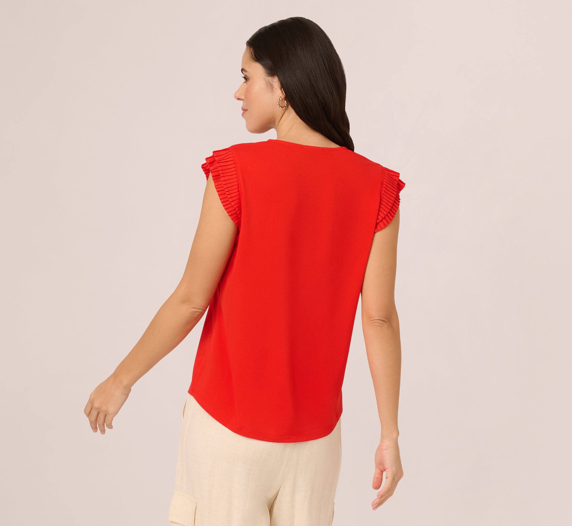V-Neck Top With Pleated Flutter Sleeves In Valiant Poppy、mySite、solidvoid