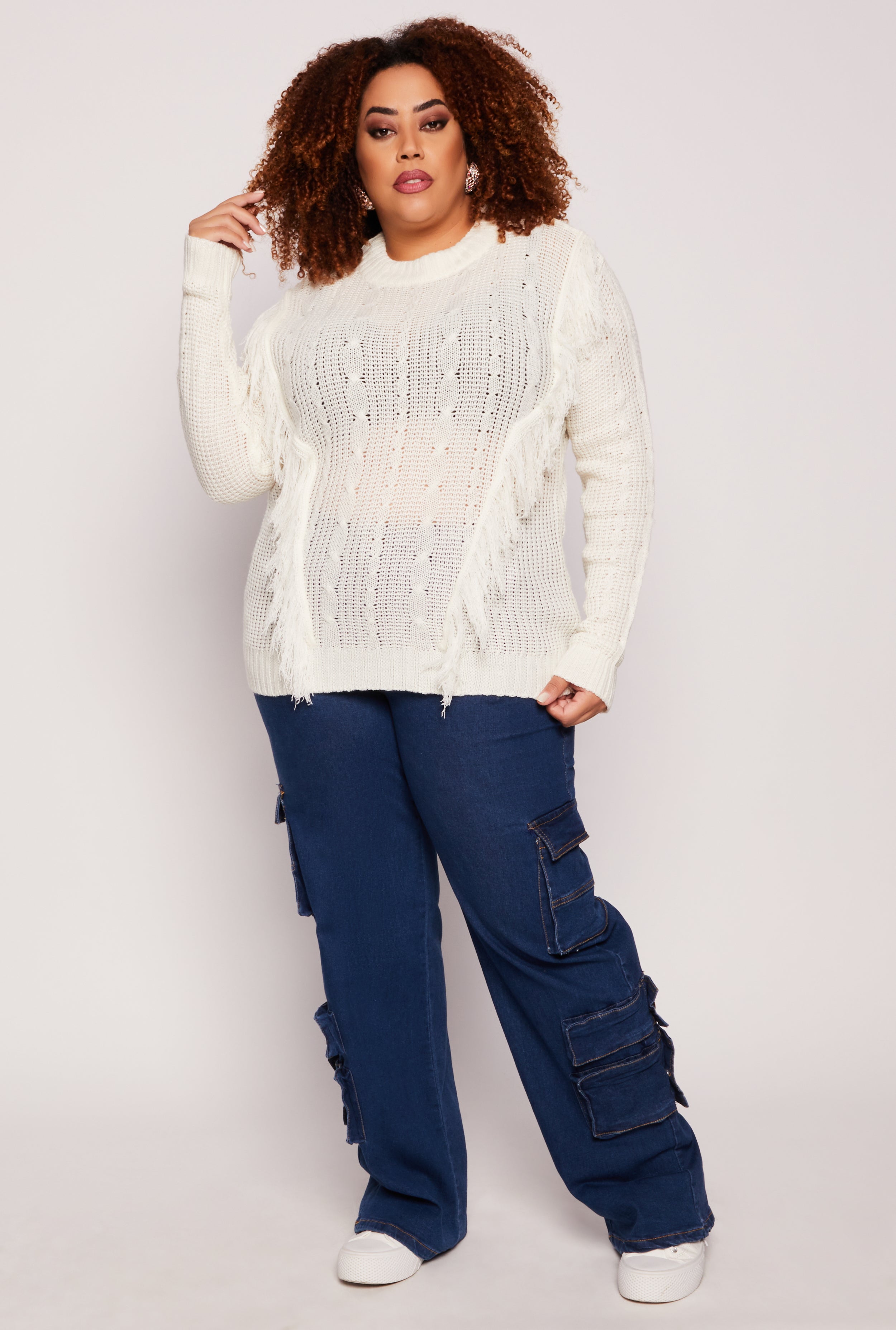 Plus Size Fringe Cable Knit Sweater、mySite、camillekostekn