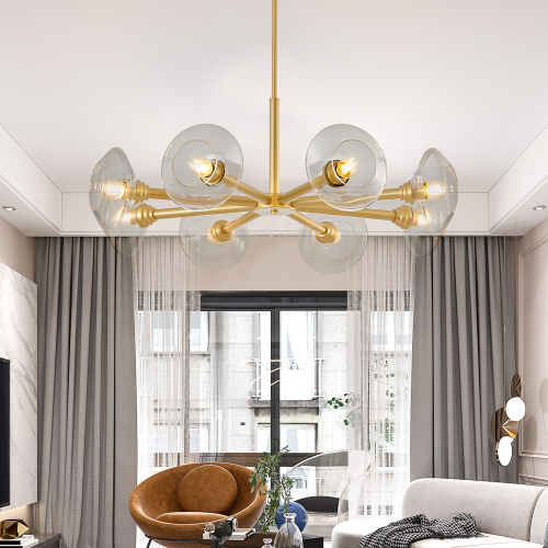 26" Modern Gold 5-Light Sputnik Chandelier with Clear Glass Shades, Mid-Century Hanging Pendant Light Fixture for Dining Room, Living Room, or Kitchen (Bulb Not Included)、、eastwooduniform
