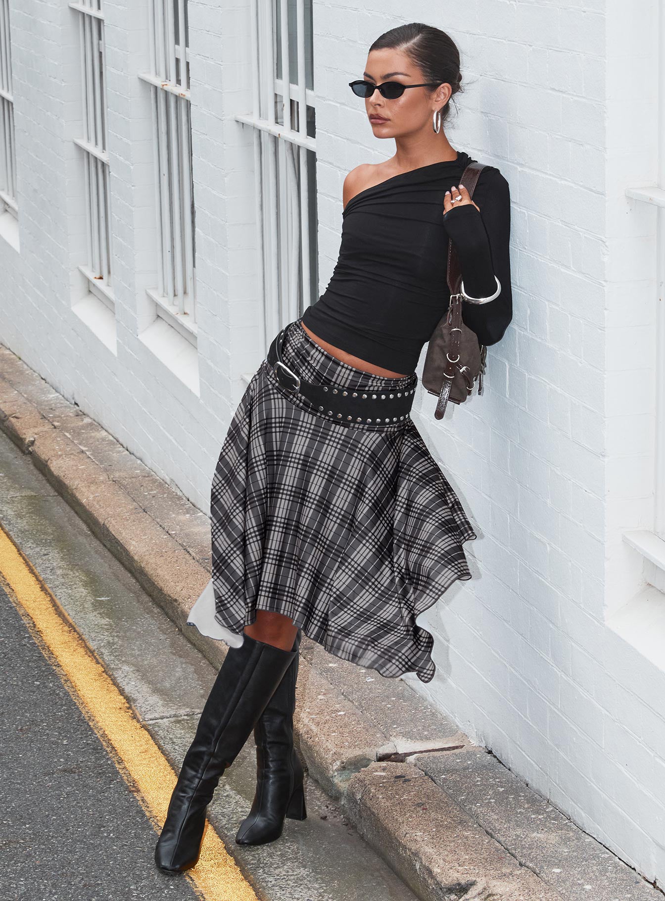 Scholar Asymmetrical Midi Skirt Grey Check、mySite、solidvoid