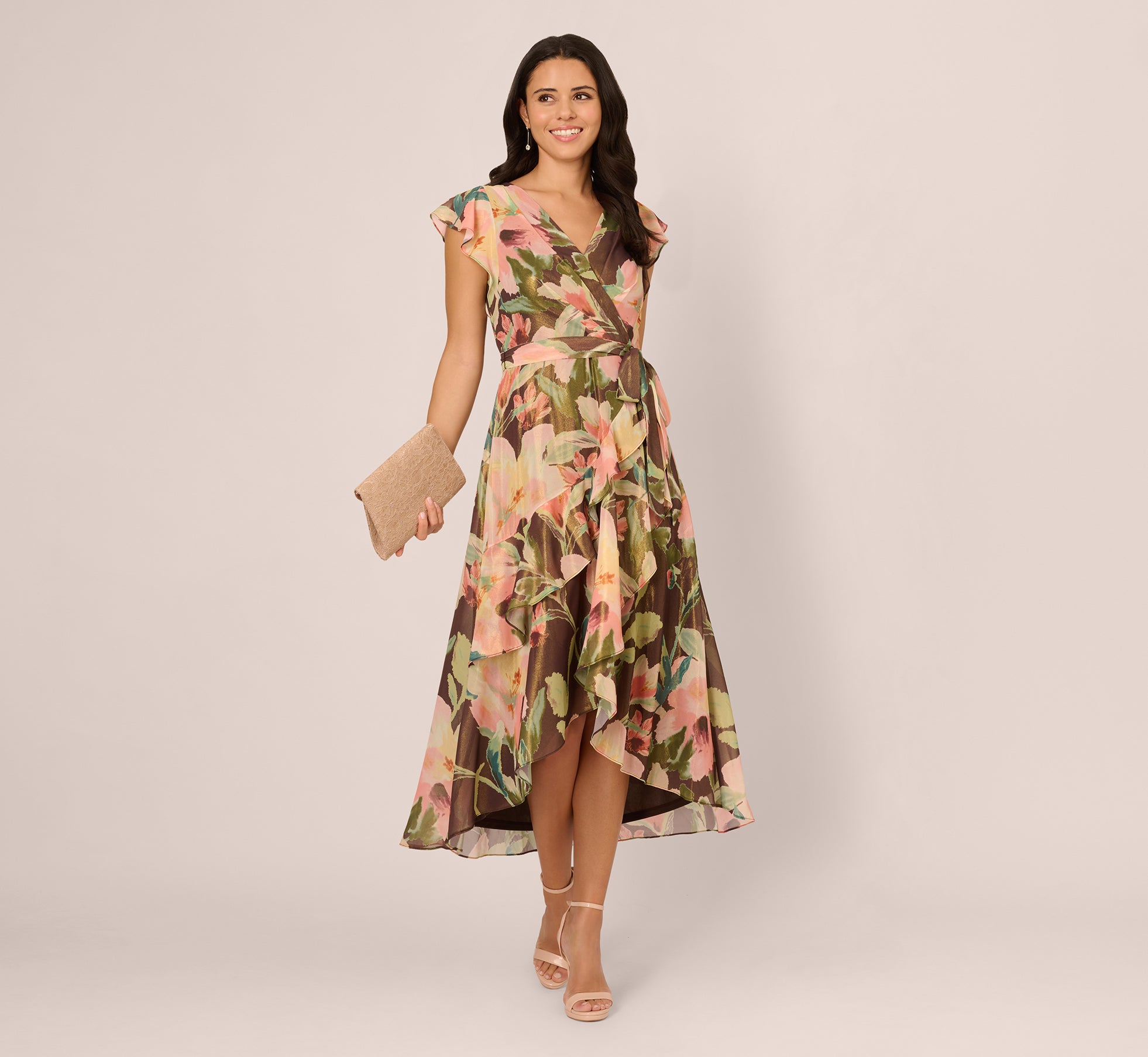 Flutter Sleeve High Low Midi Wrap Dress In Brown Multi、mySite、solidvoid