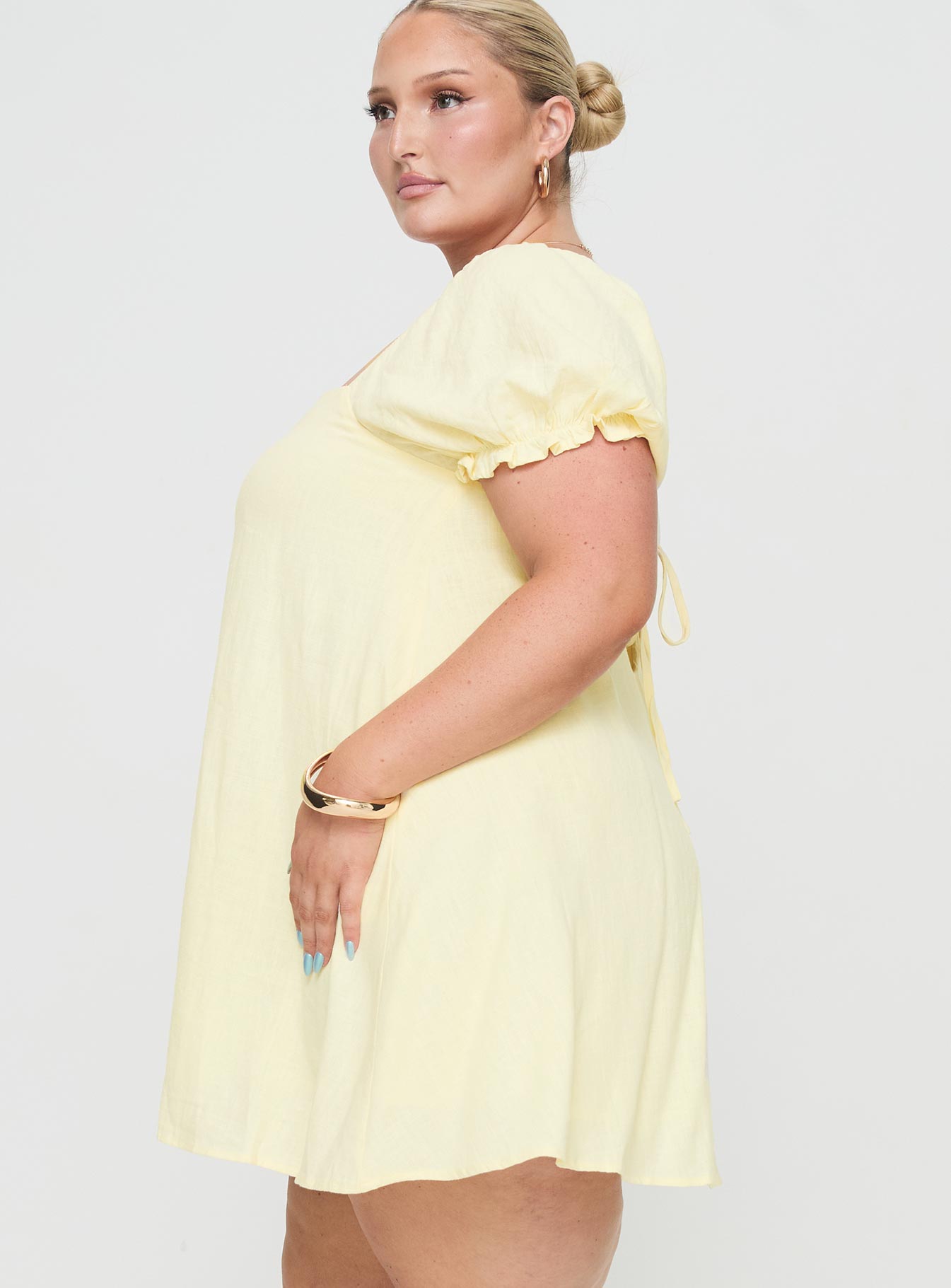 Beyond Linen Blend Mini Dress Yellow Curve、mySite、solidvoid